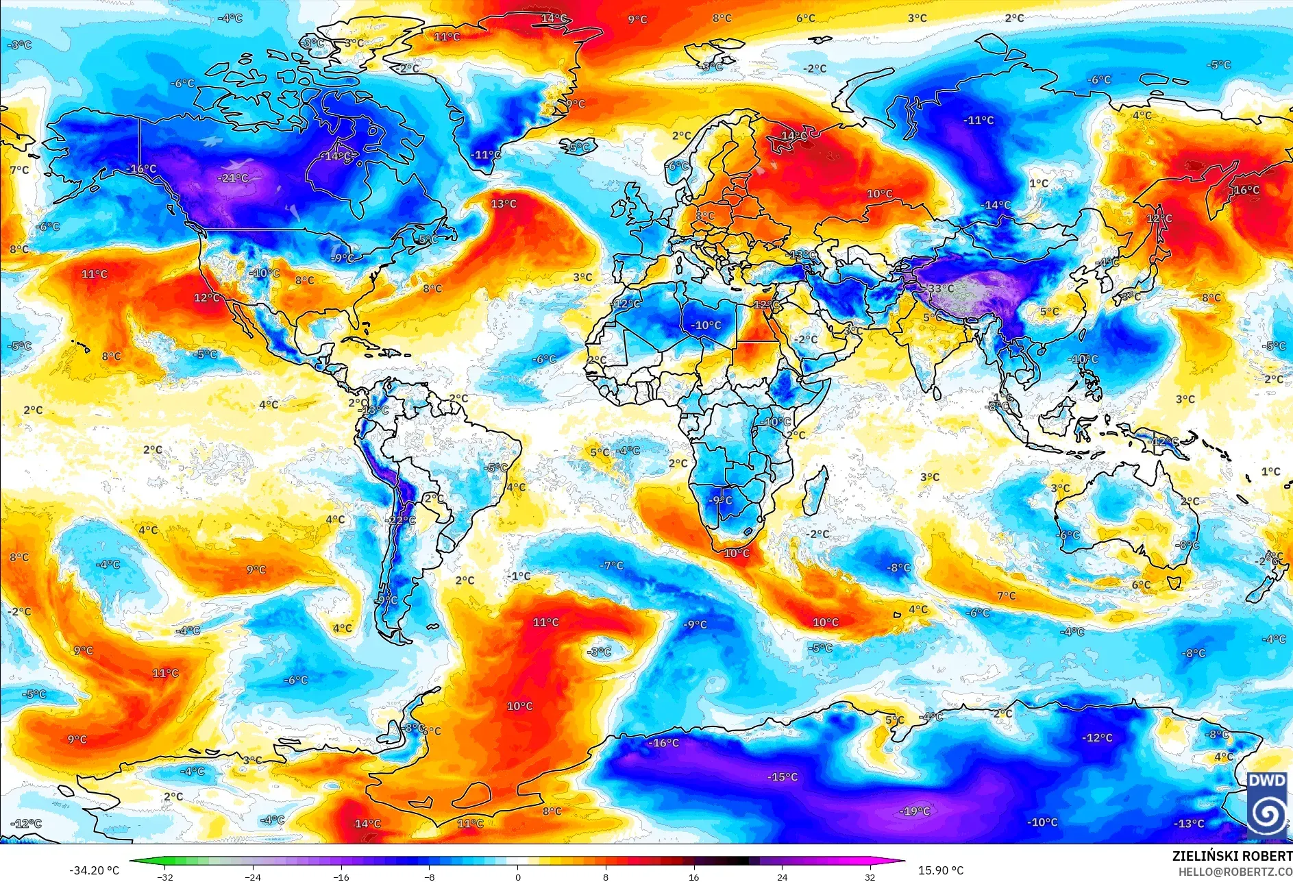 ICON model - Dünya, 850 hPa Sıcaklık Anomalisi