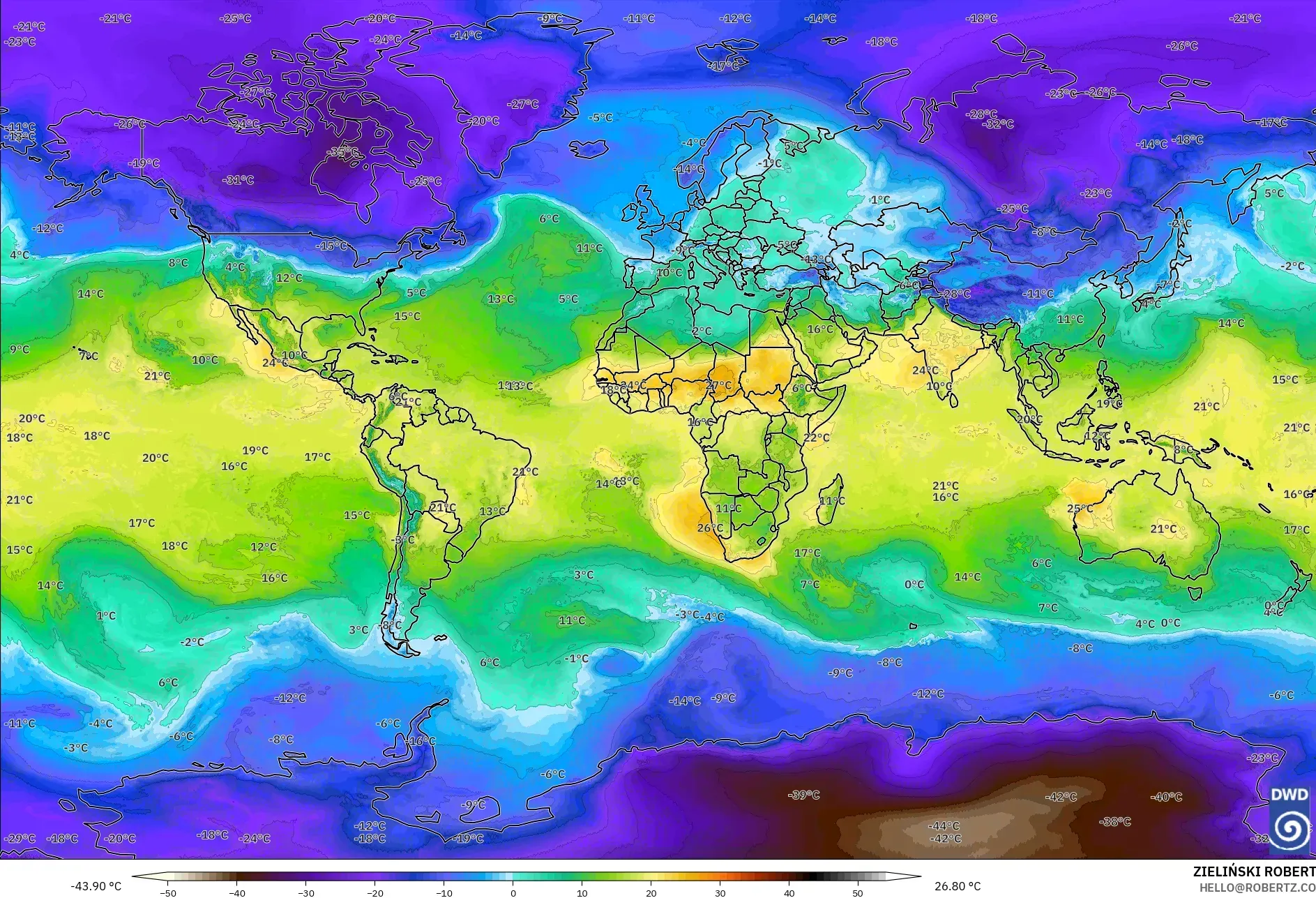 ICON model - Dünya, 850 hPa Sıcaklık