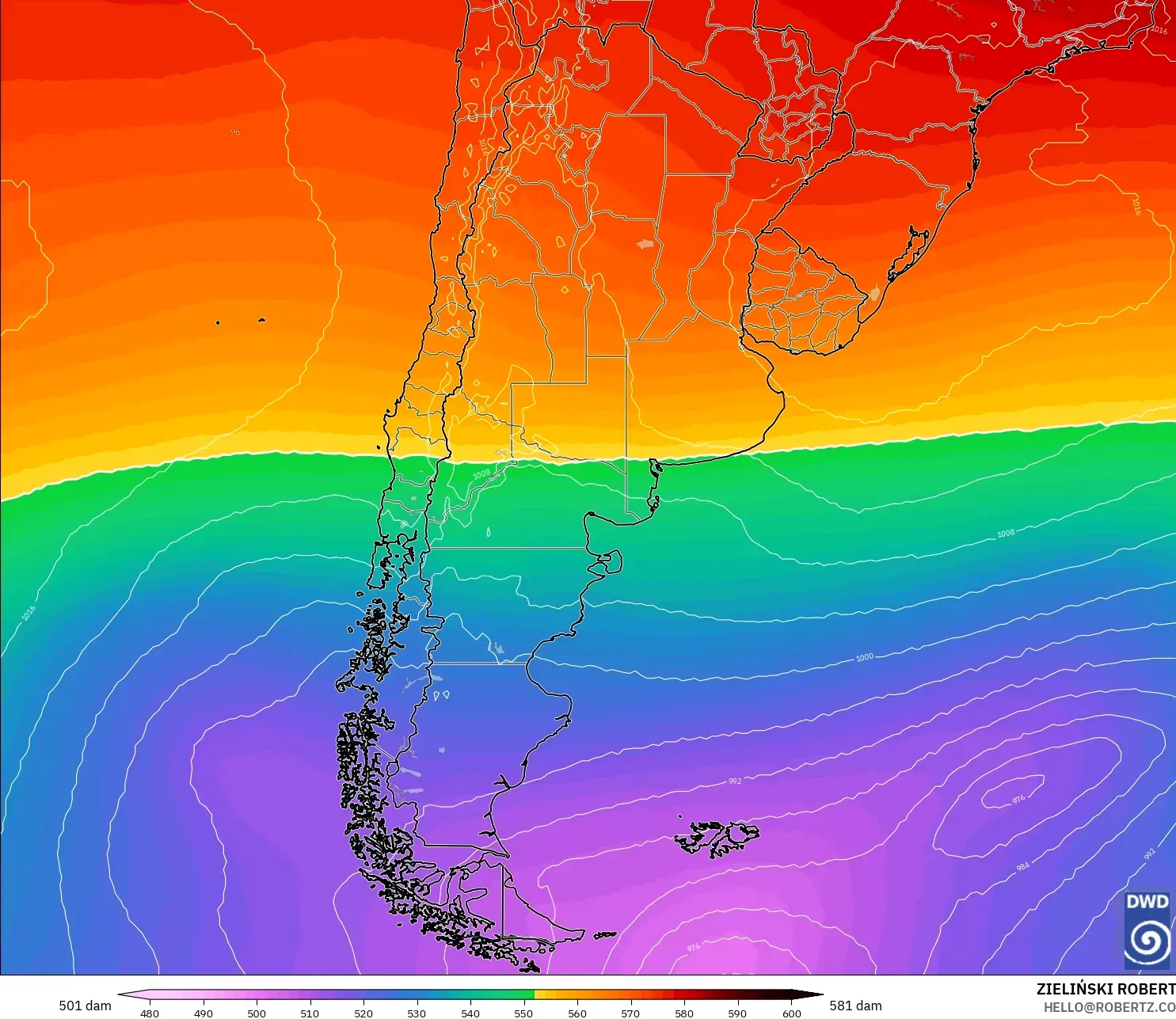 ICON model - Arjantin, 500 hPa’da jeopotansiyel yükseklik