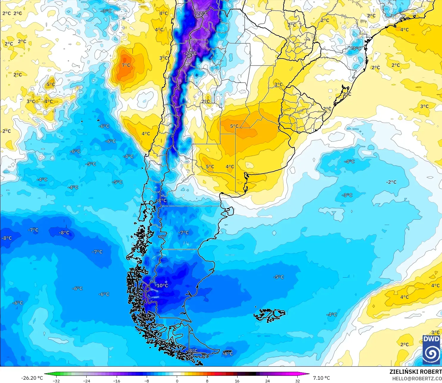 ICON model - Arjantin, 850 hPa Sıcaklık Anomalisi