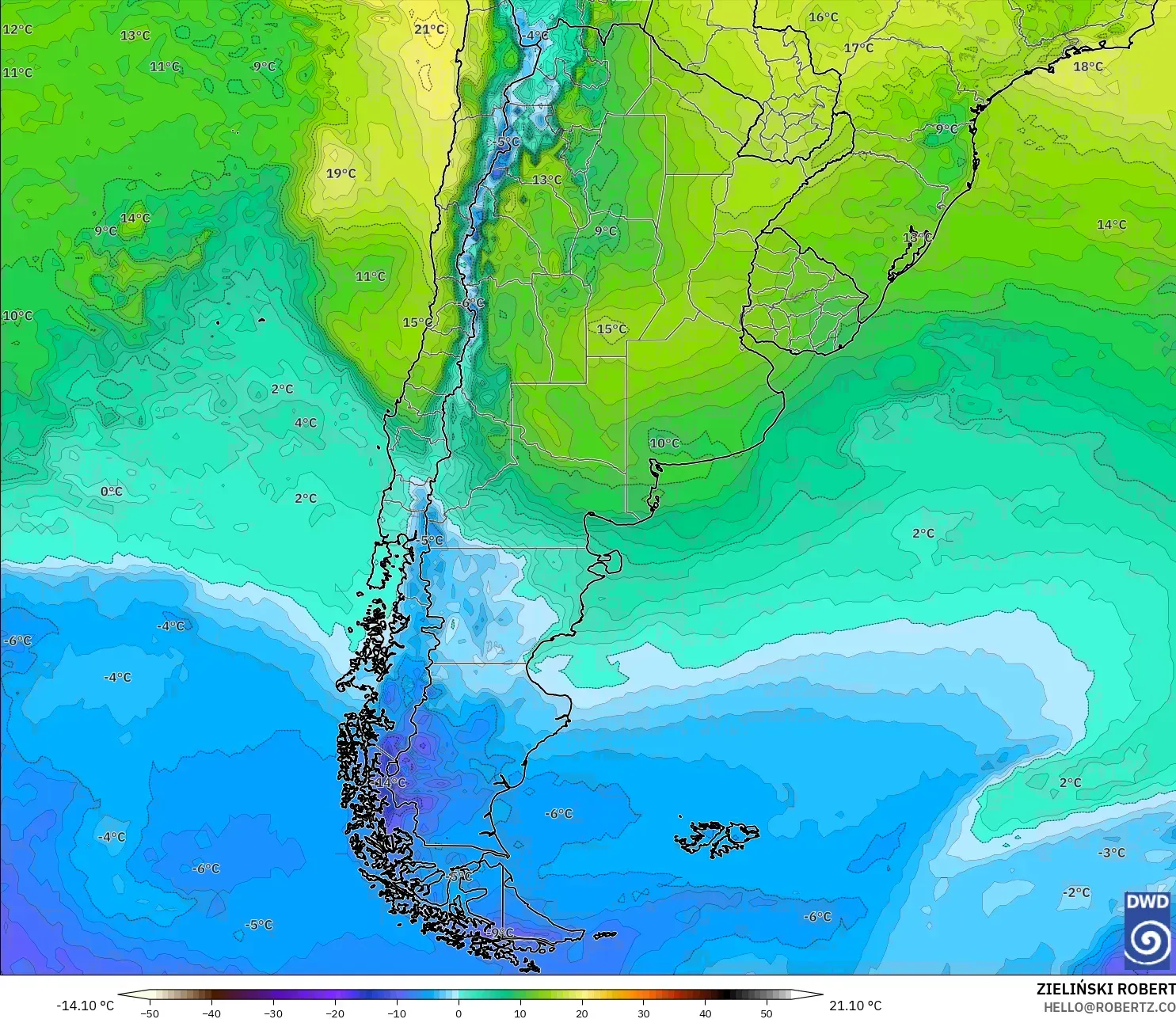 ICON model - Arjantin, 850 hPa Sıcaklık