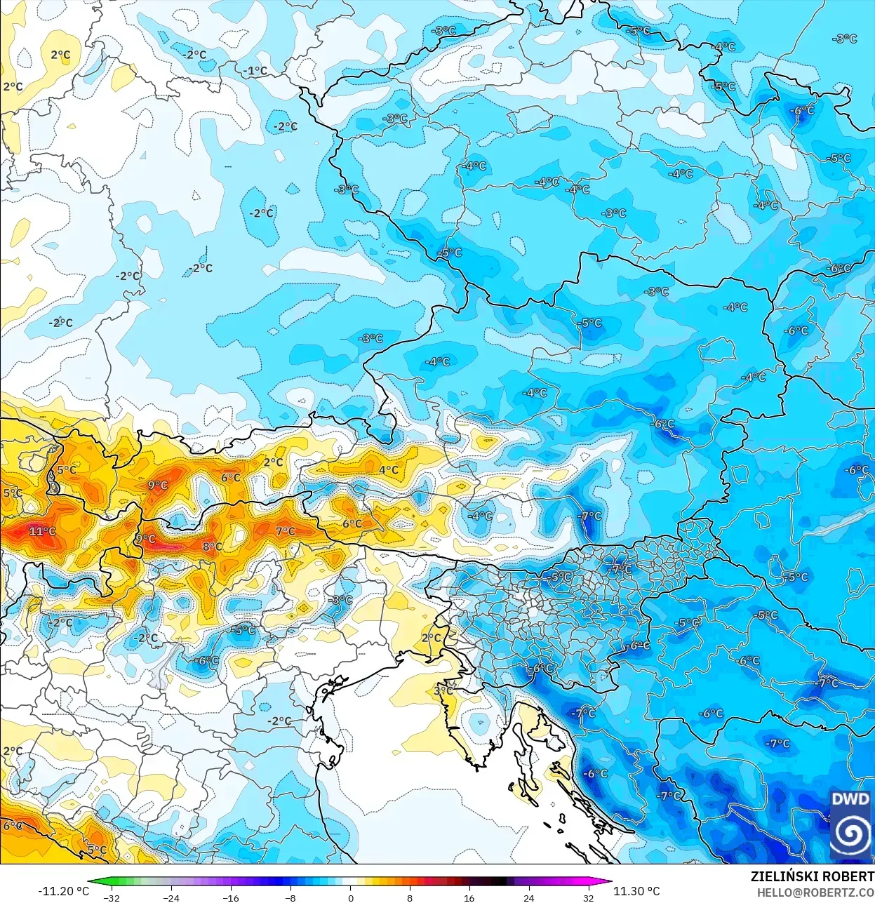 ICON model - Avusturya, 2 m Sıcaklık Anomalisi