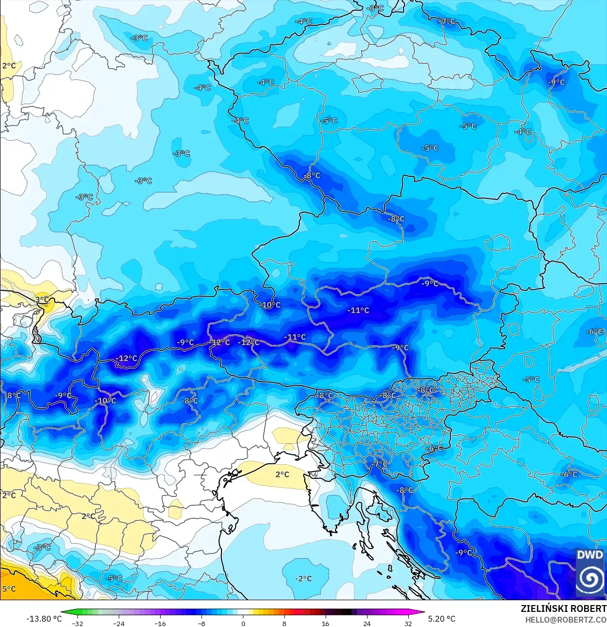 ICON model - Avusturya, 850 hPa Sıcaklık Anomalisi