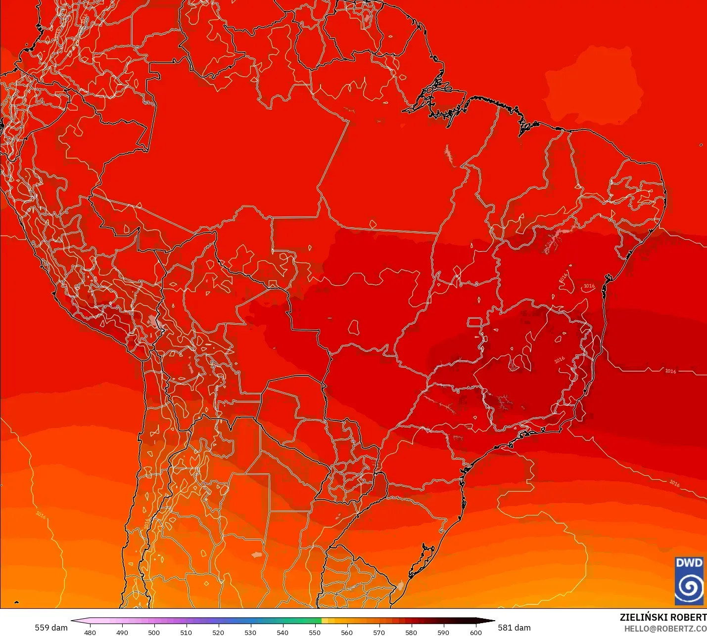 ICON model - Brezilya, 500 hPa’da jeopotansiyel yükseklik