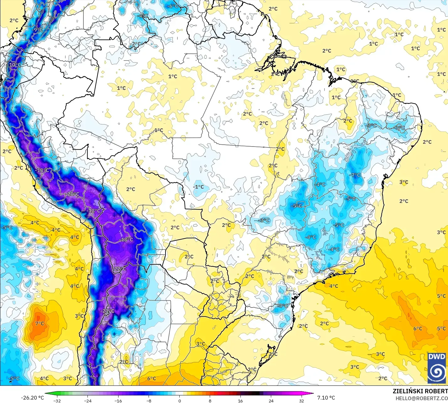 ICON model - Brezilya, 850 hPa Sıcaklık Anomalisi