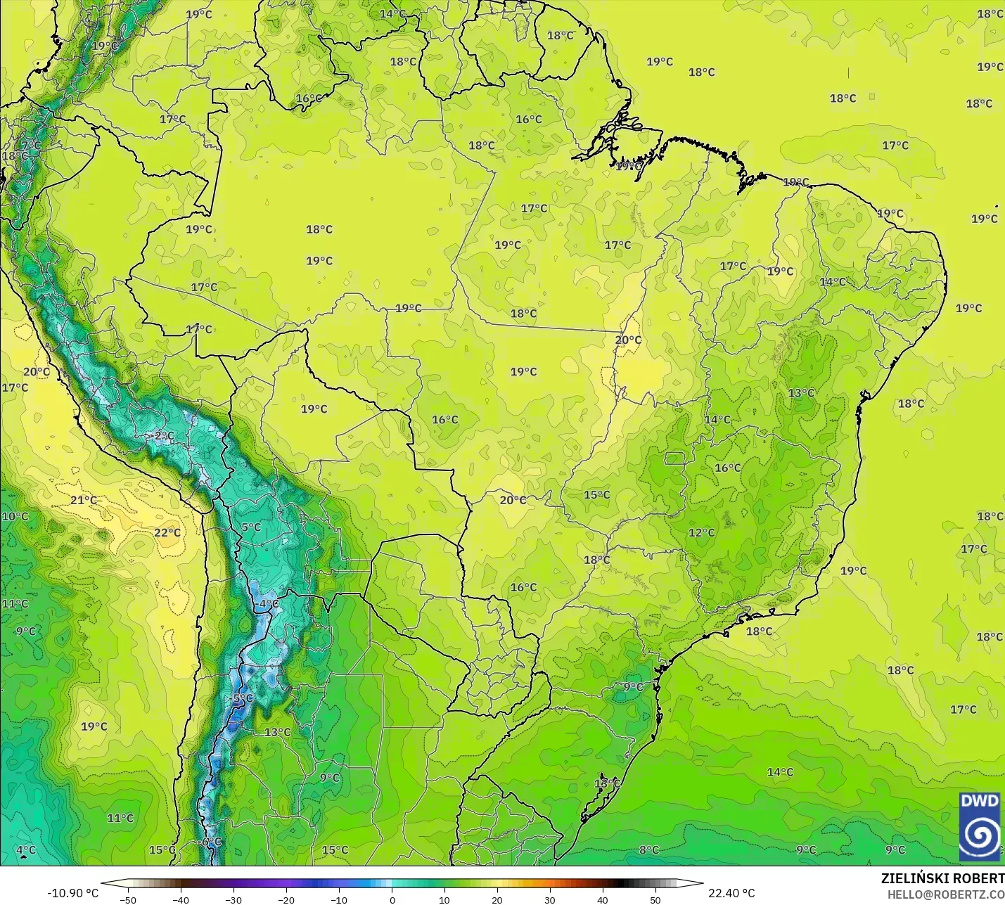 ICON model - Brezilya, 850 hPa Sıcaklık