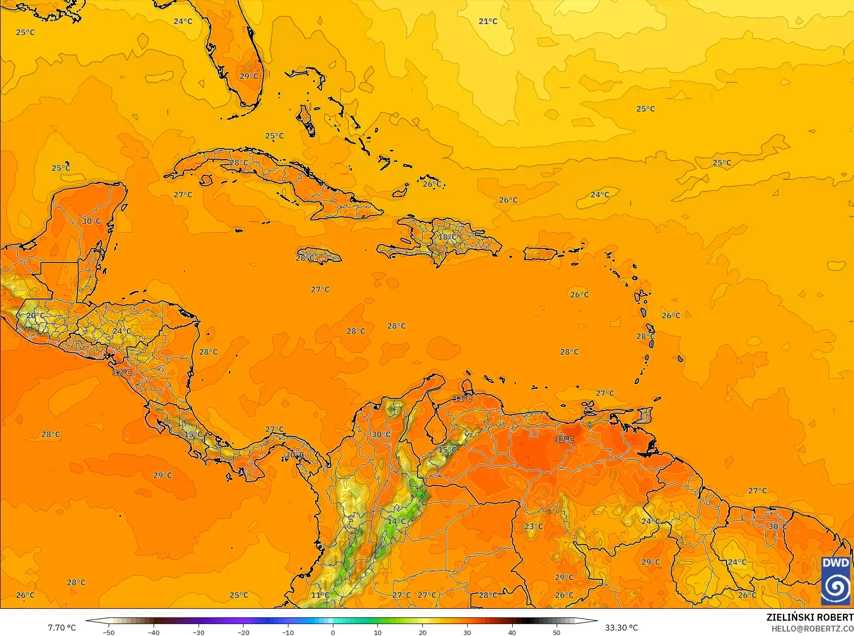 ICON model - Karayipler, 2 m Sıcaklık