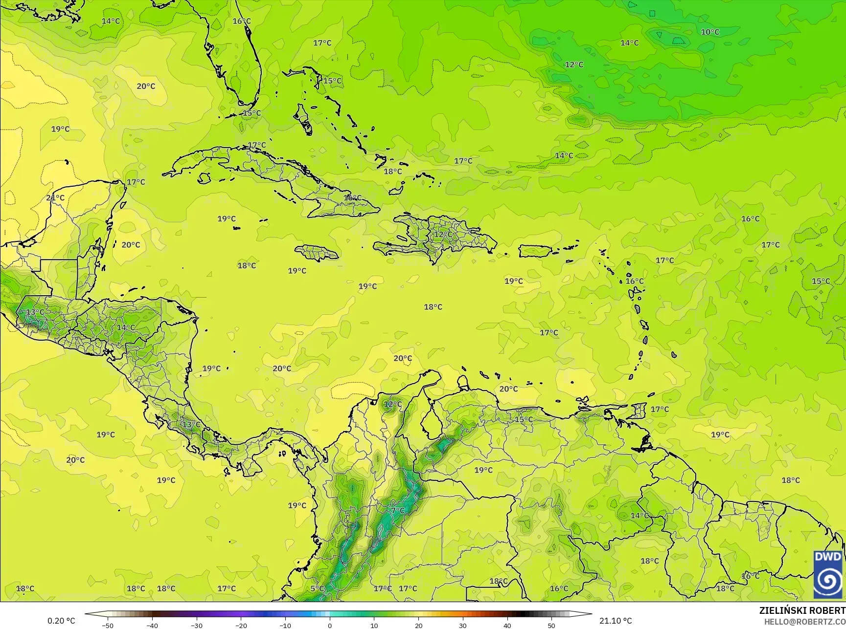 ICON model - Karayipler, 850 hPa Sıcaklık