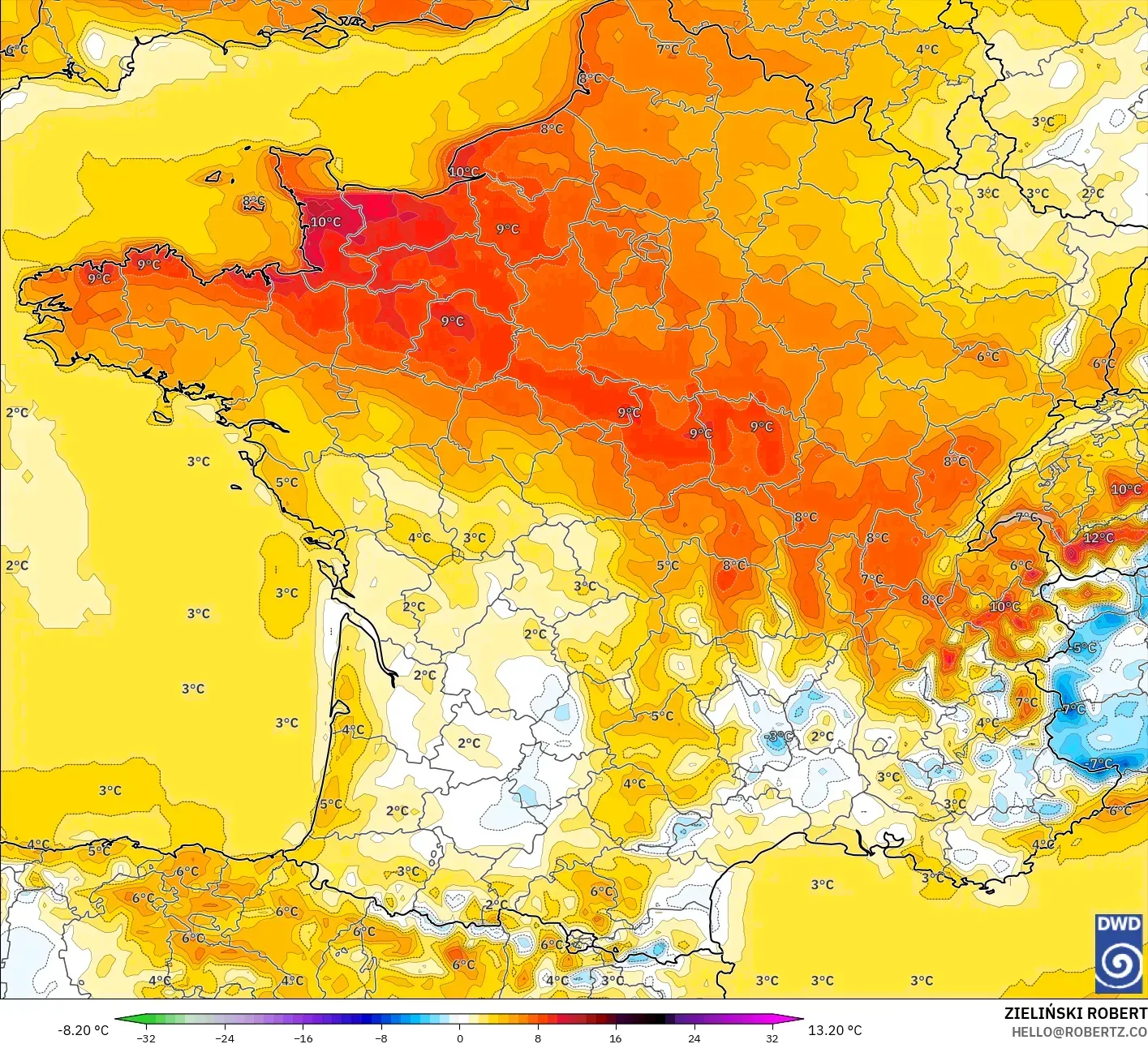 ICON model - Fransa, 2 m Sıcaklık Anomalisi