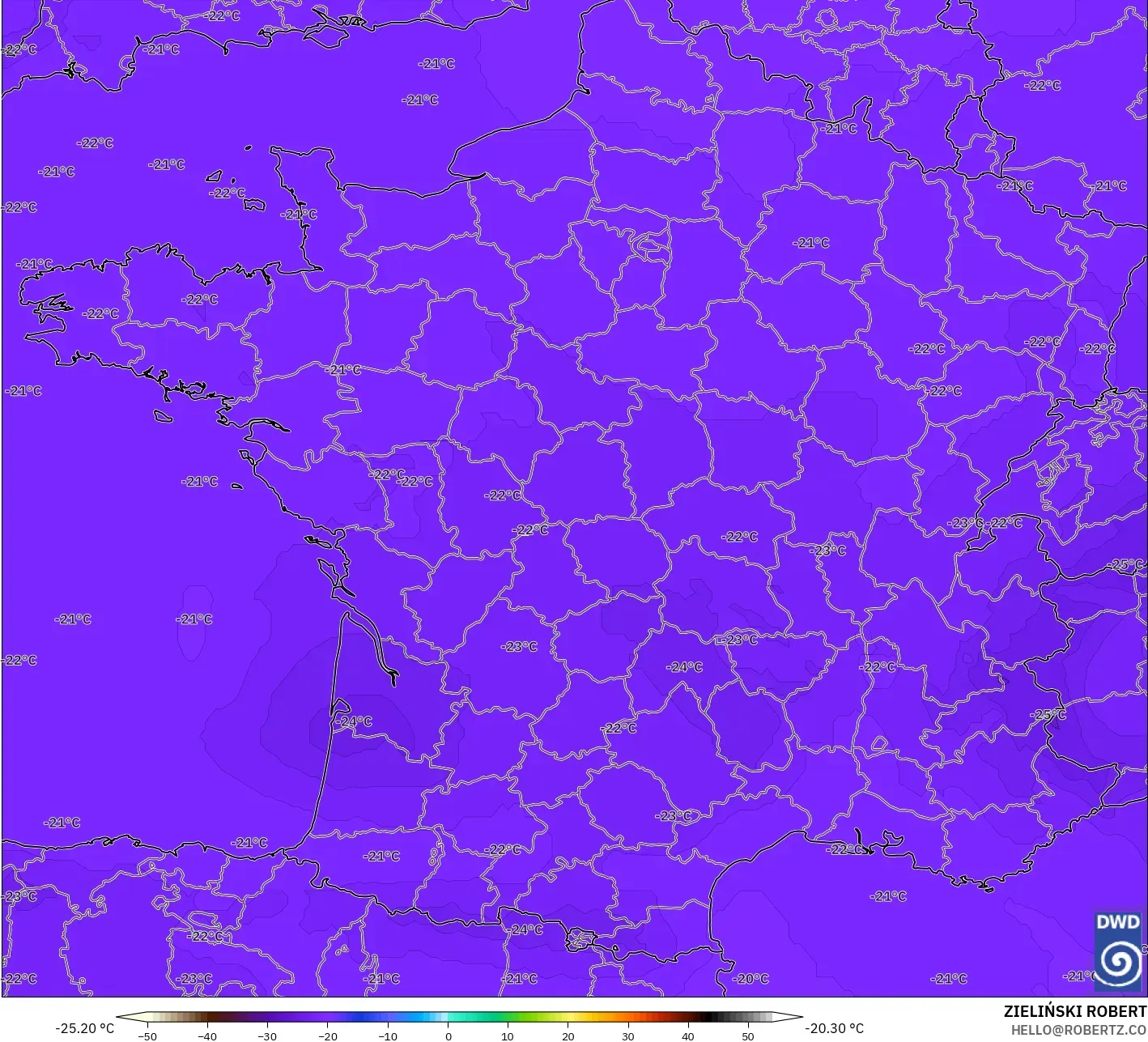 ICON model - Fransa, 500 hPa Sıcaklık