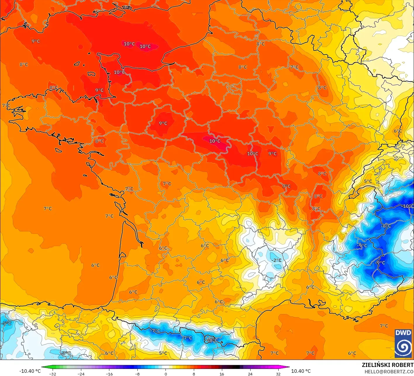 ICON model - Fransa, 850 hPa Sıcaklık Anomalisi