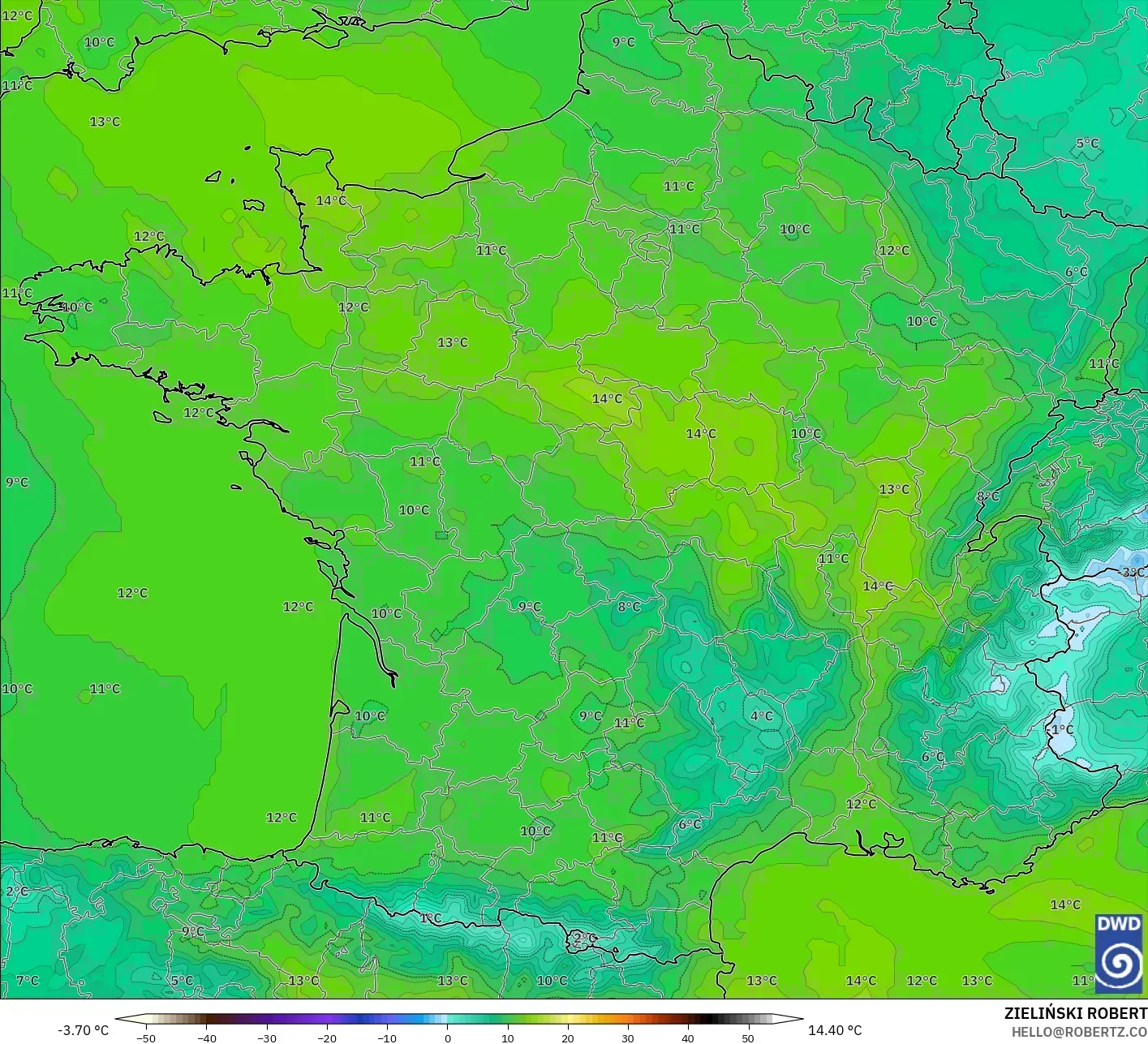 ICON model - Fransa, 850 hPa Sıcaklık