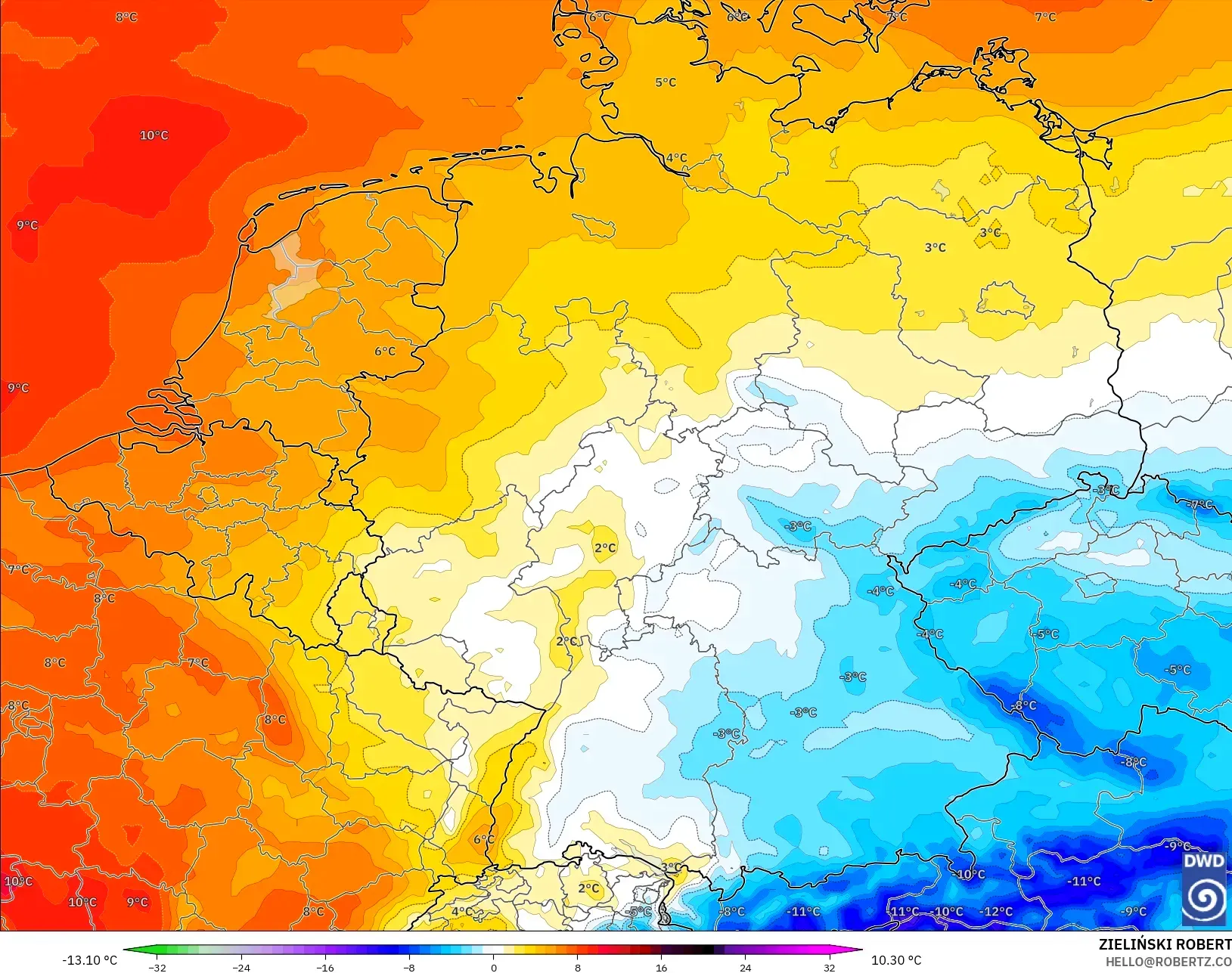 ICON model - Almanya, 850 hPa Sıcaklık Anomalisi