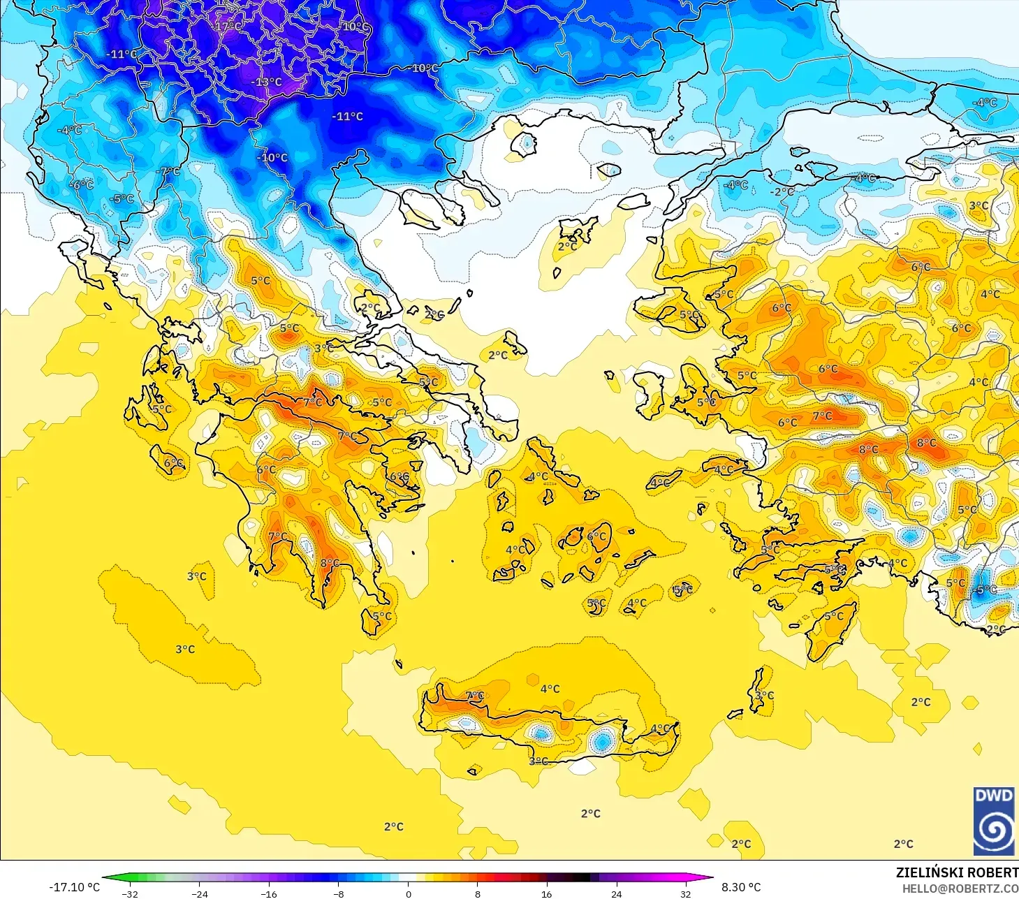 ICON model - Yunanistan, 2 m Sıcaklık Anomalisi