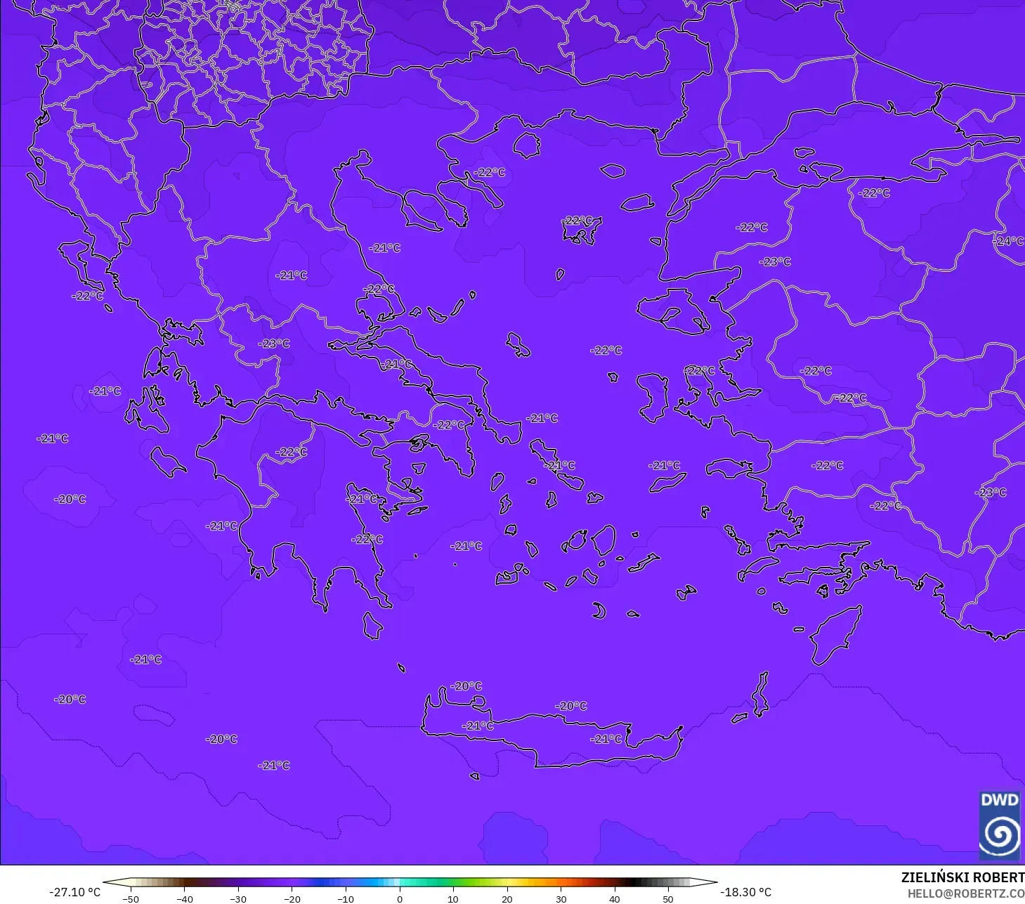 ICON model - Yunanistan, 500 hPa Sıcaklık