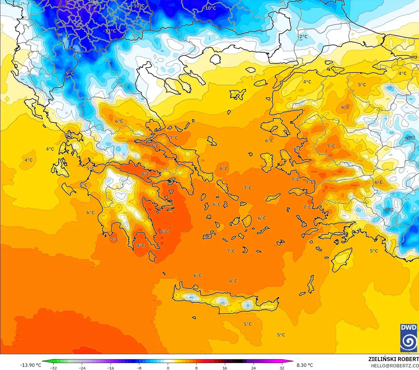 ICON model - Yunanistan, 850 hPa Sıcaklık Anomalisi