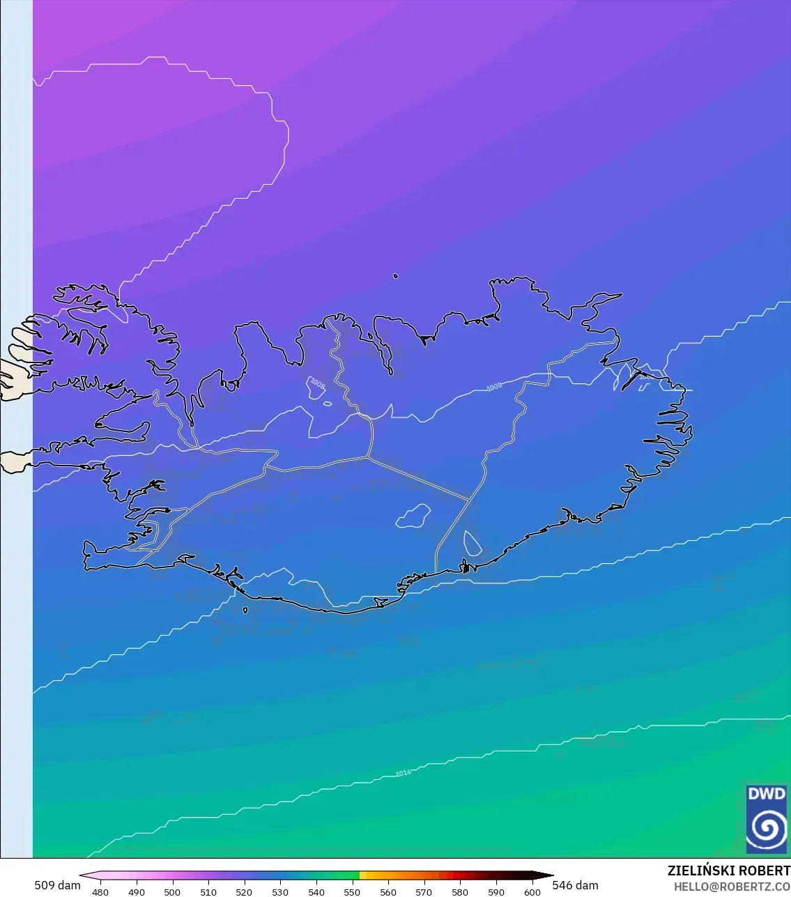 ICON model - İzlanda, 500 hPa’da jeopotansiyel yükseklik