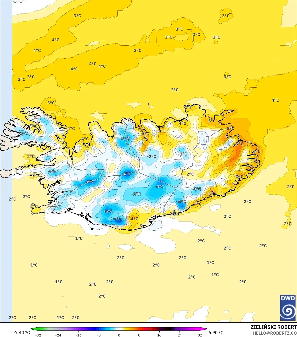 ICON model - İzlanda, 2 m Sıcaklık Anomalisi