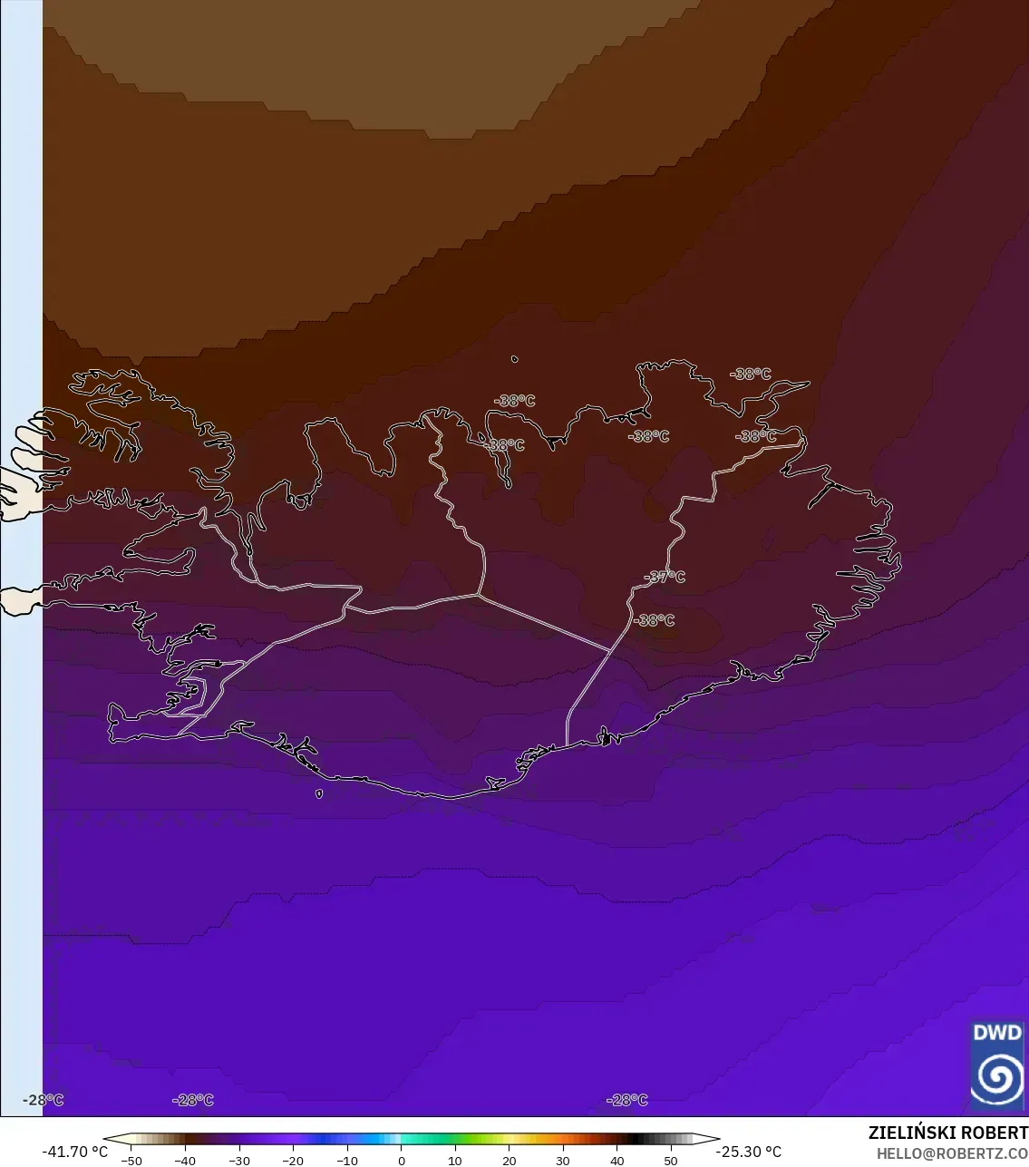 ICON model - İzlanda, 500 hPa Sıcaklık