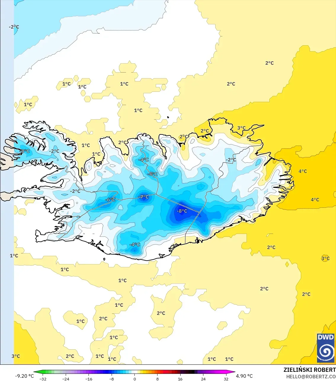 ICON model - İzlanda, 850 hPa Sıcaklık Anomalisi
