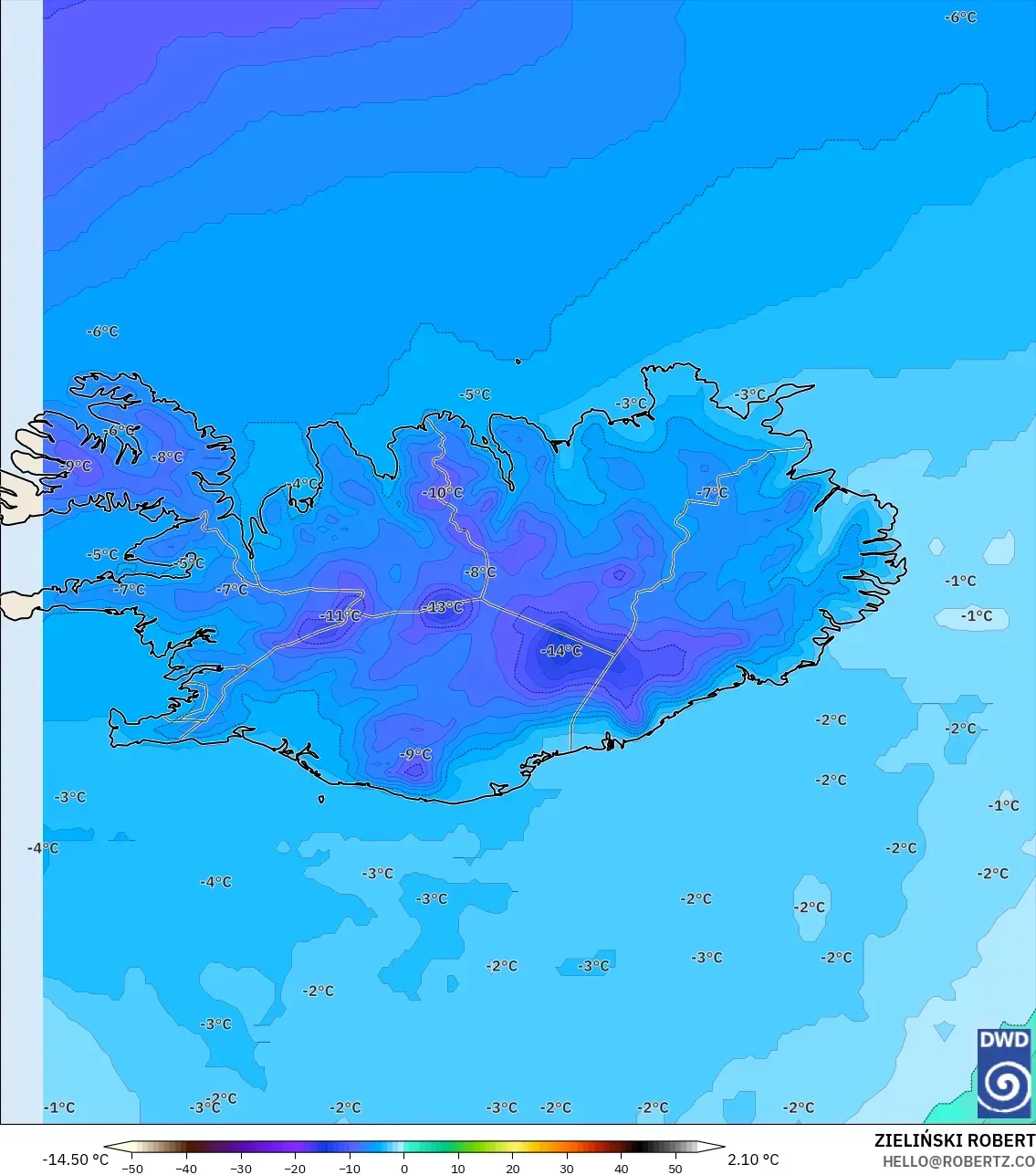 ICON model - İzlanda, 850 hPa Sıcaklık