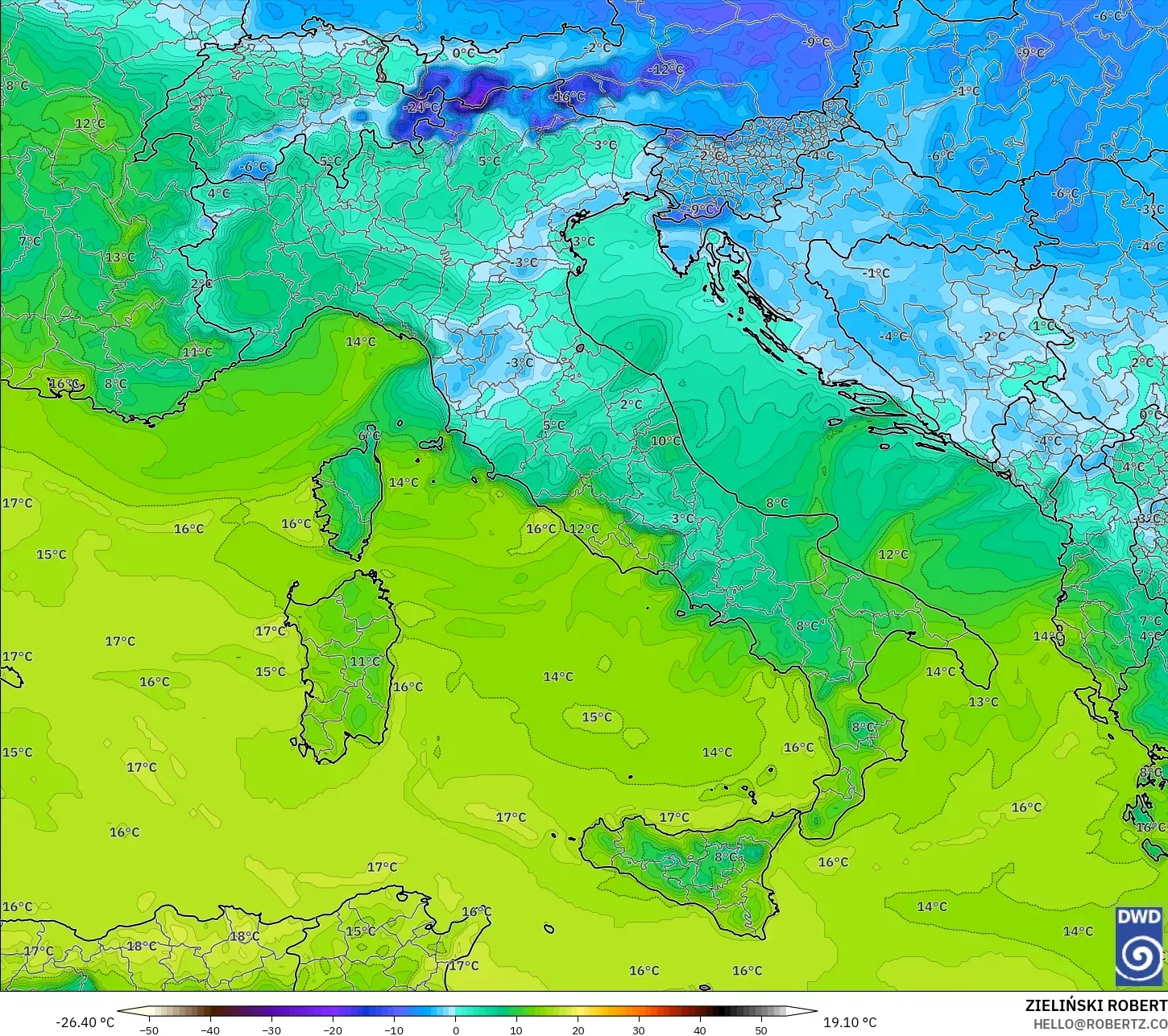ICON model - İtalya, 2 m Çiy Noktası