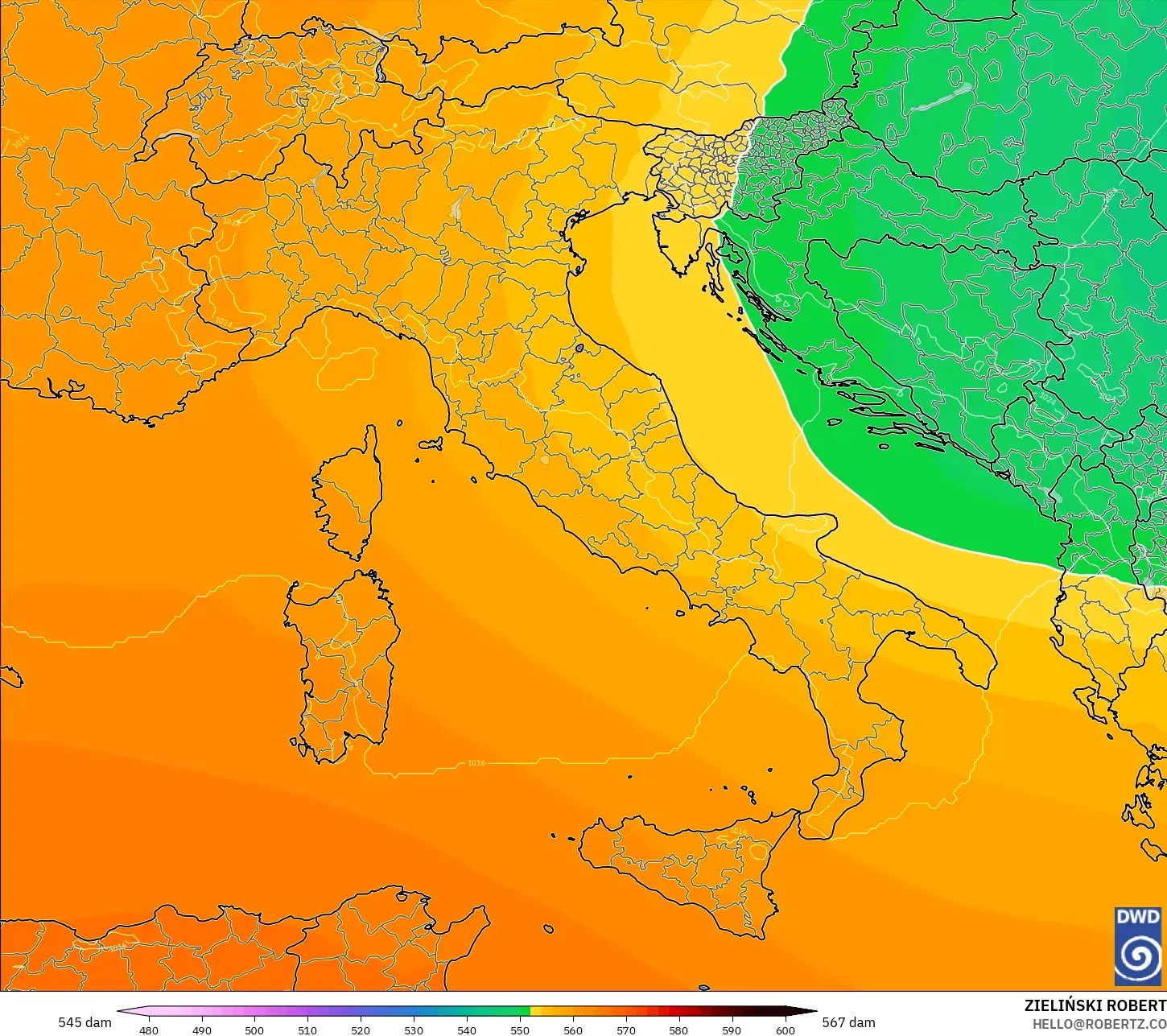 ICON model - İtalya, 500 hPa’da jeopotansiyel yükseklik