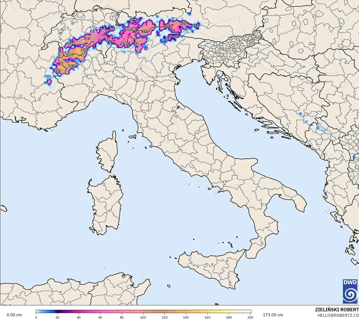 ICON model - İtalya, Kar Kalınlığı