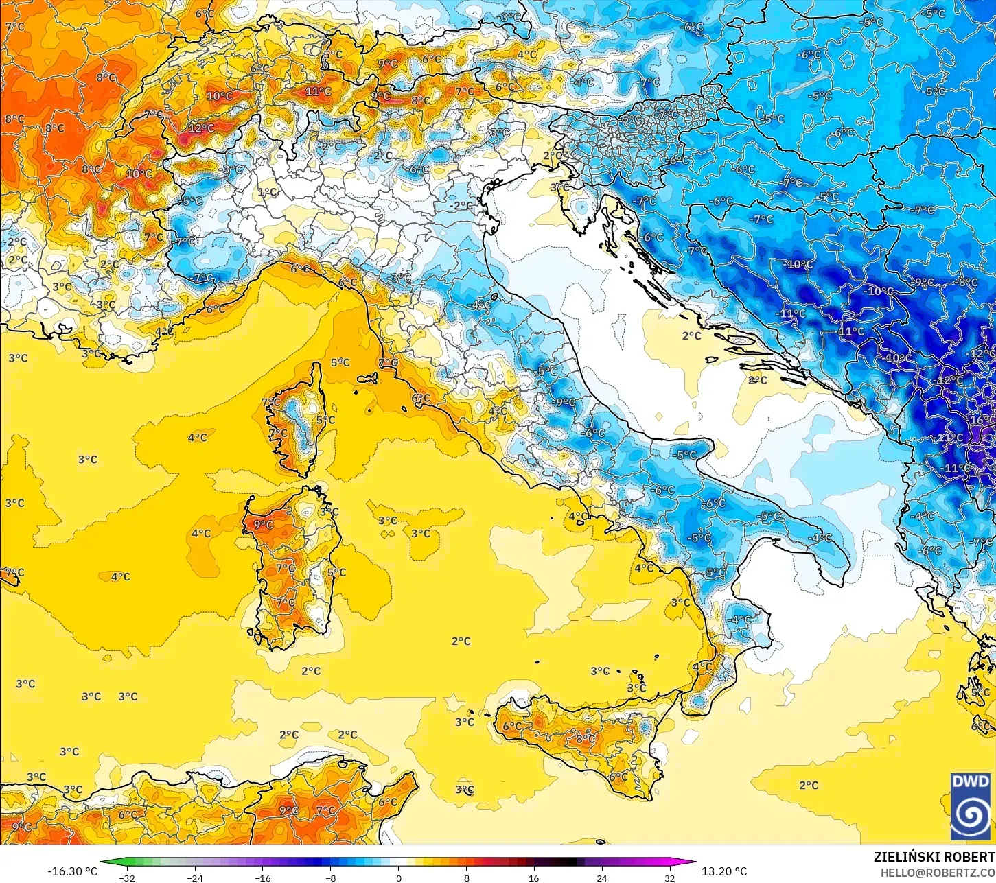 ICON model - İtalya, 2 m Sıcaklık Anomalisi