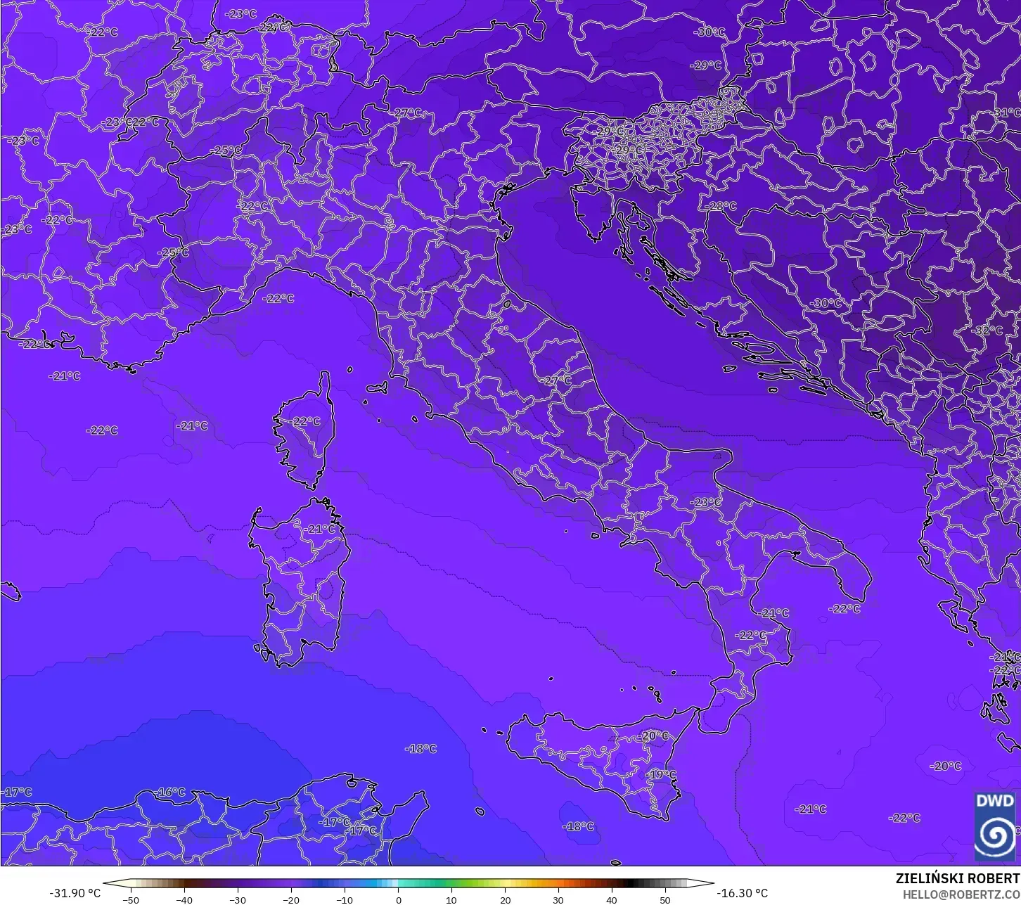 ICON model - İtalya, 500 hPa Sıcaklık