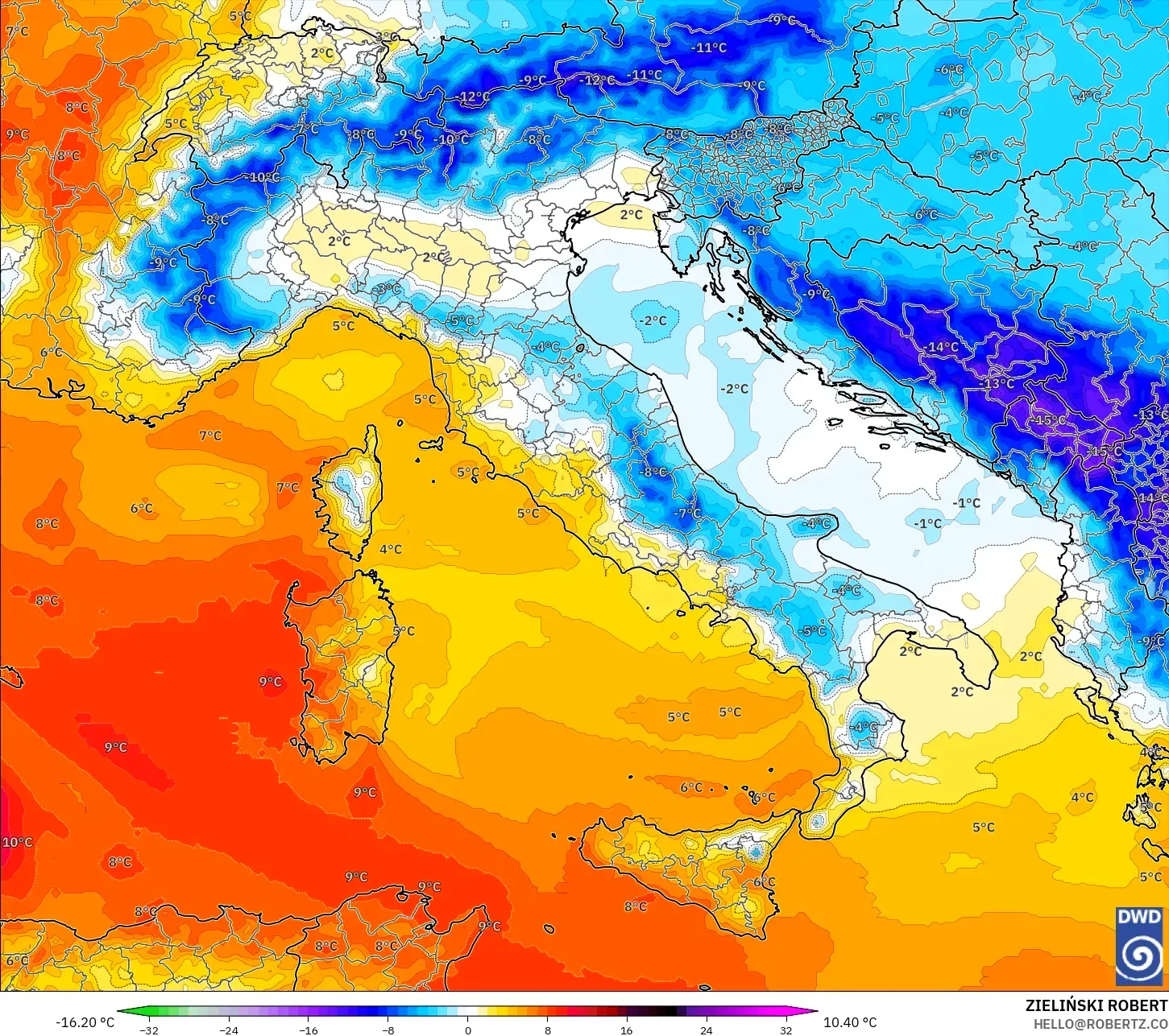 ICON model - İtalya, 850 hPa Sıcaklık Anomalisi