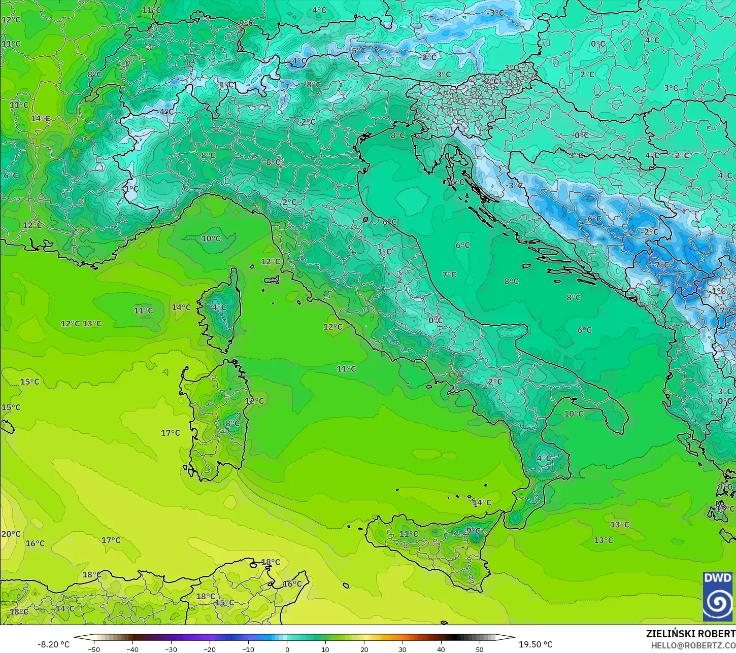 ICON model - İtalya, 850 hPa Sıcaklık