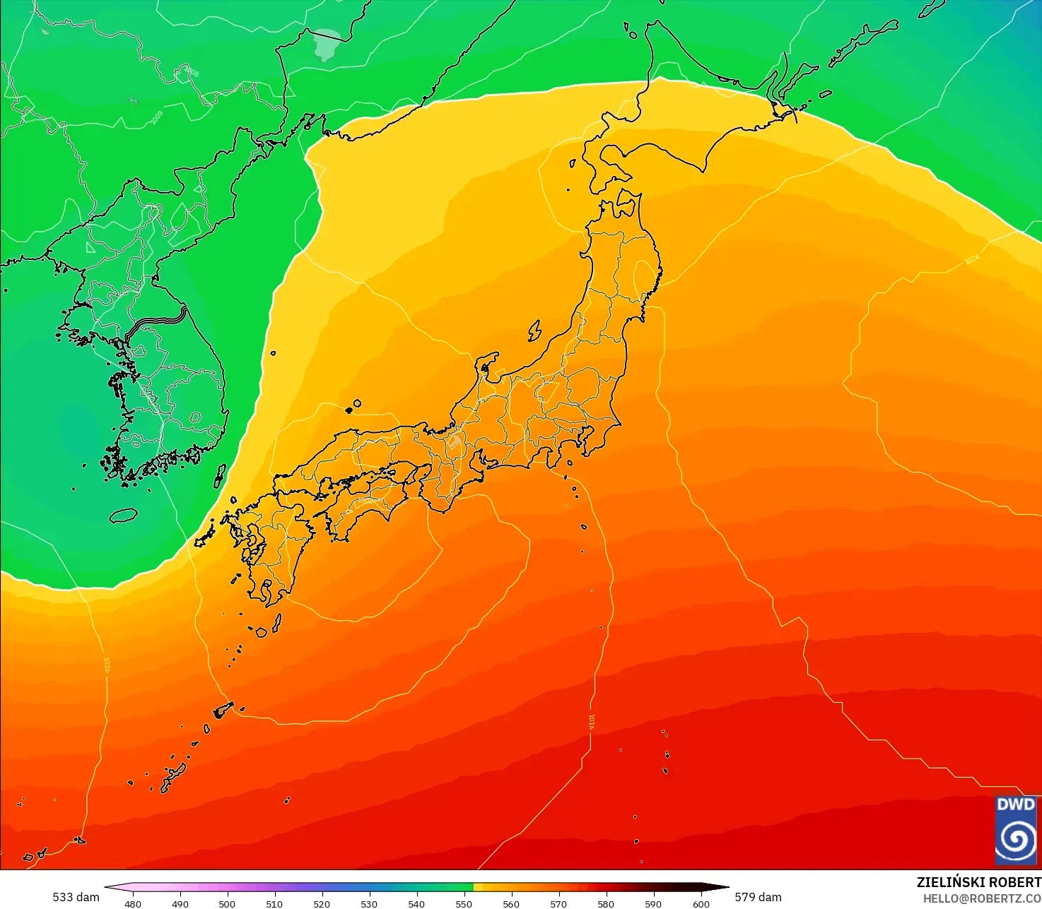 ICON model - Japonya, 500 hPa’da jeopotansiyel yükseklik