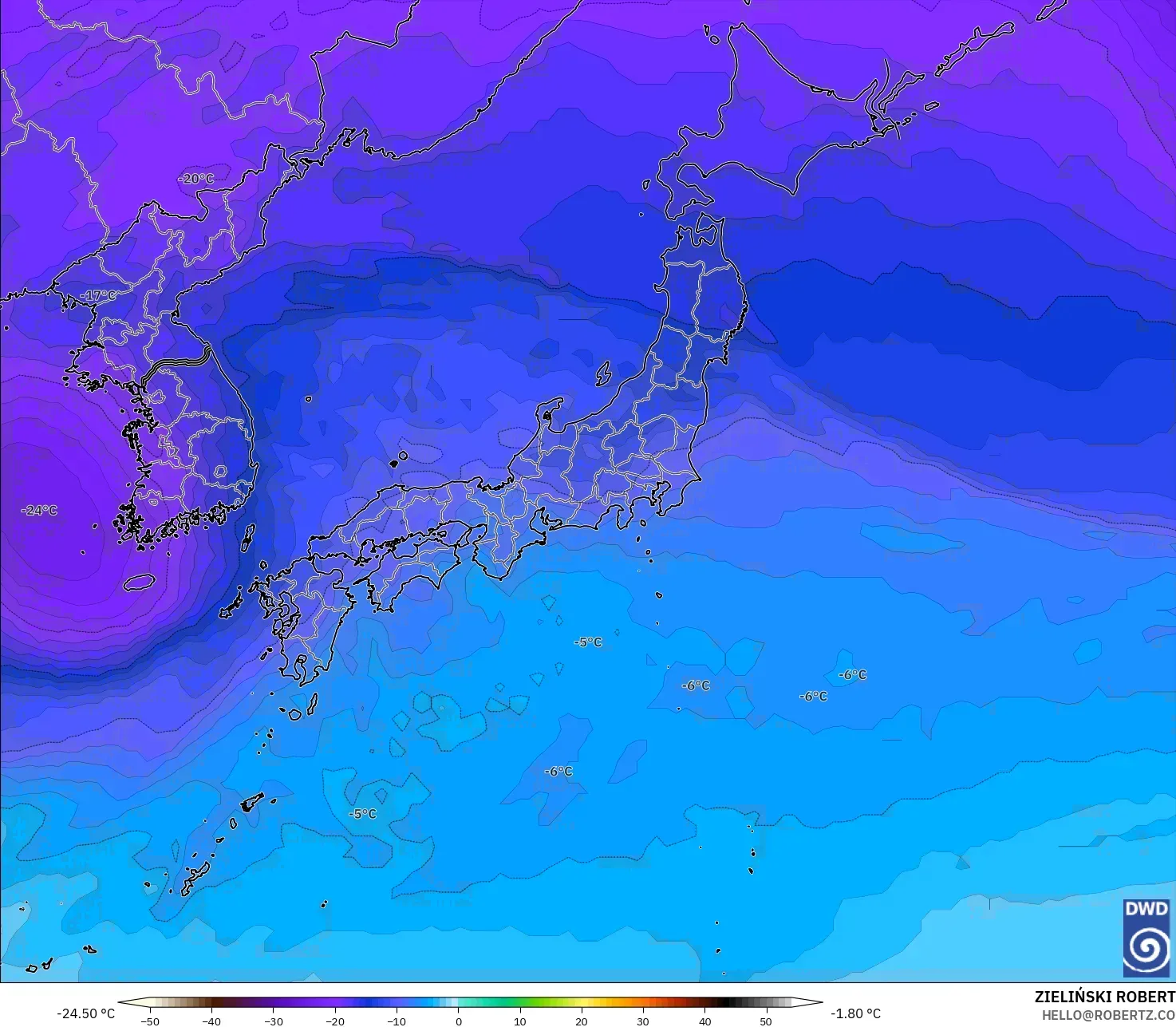 ICON model - Japonya, 500 hPa Sıcaklık