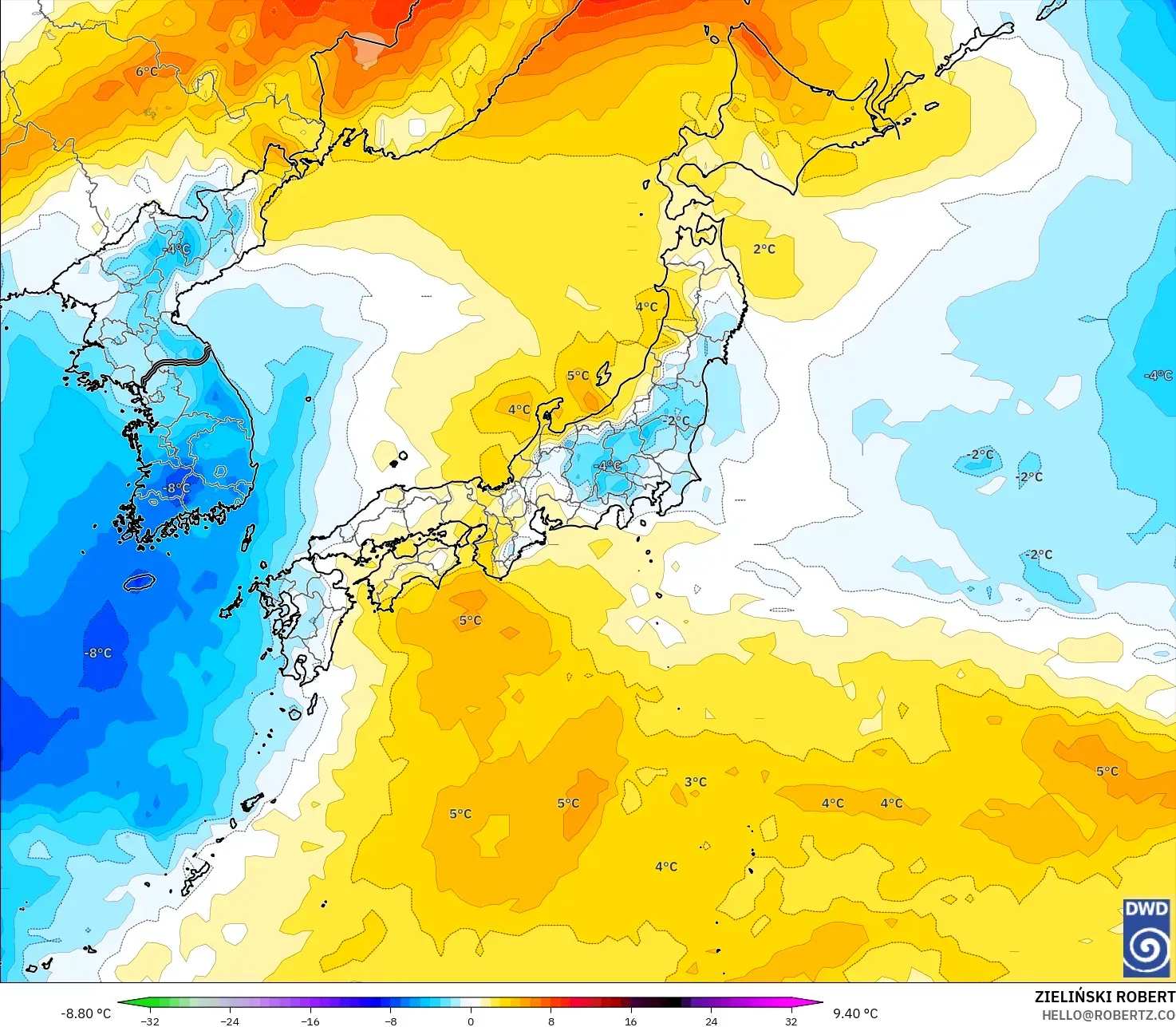 ICON model - Japonya, 850 hPa Sıcaklık Anomalisi
