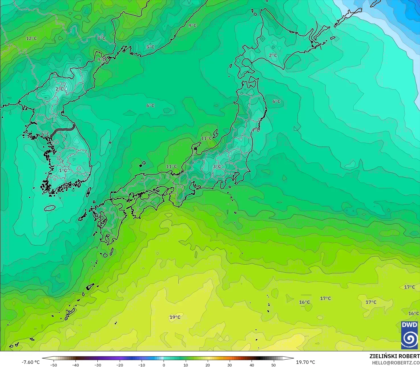ICON model - Japonya, 850 hPa Sıcaklık