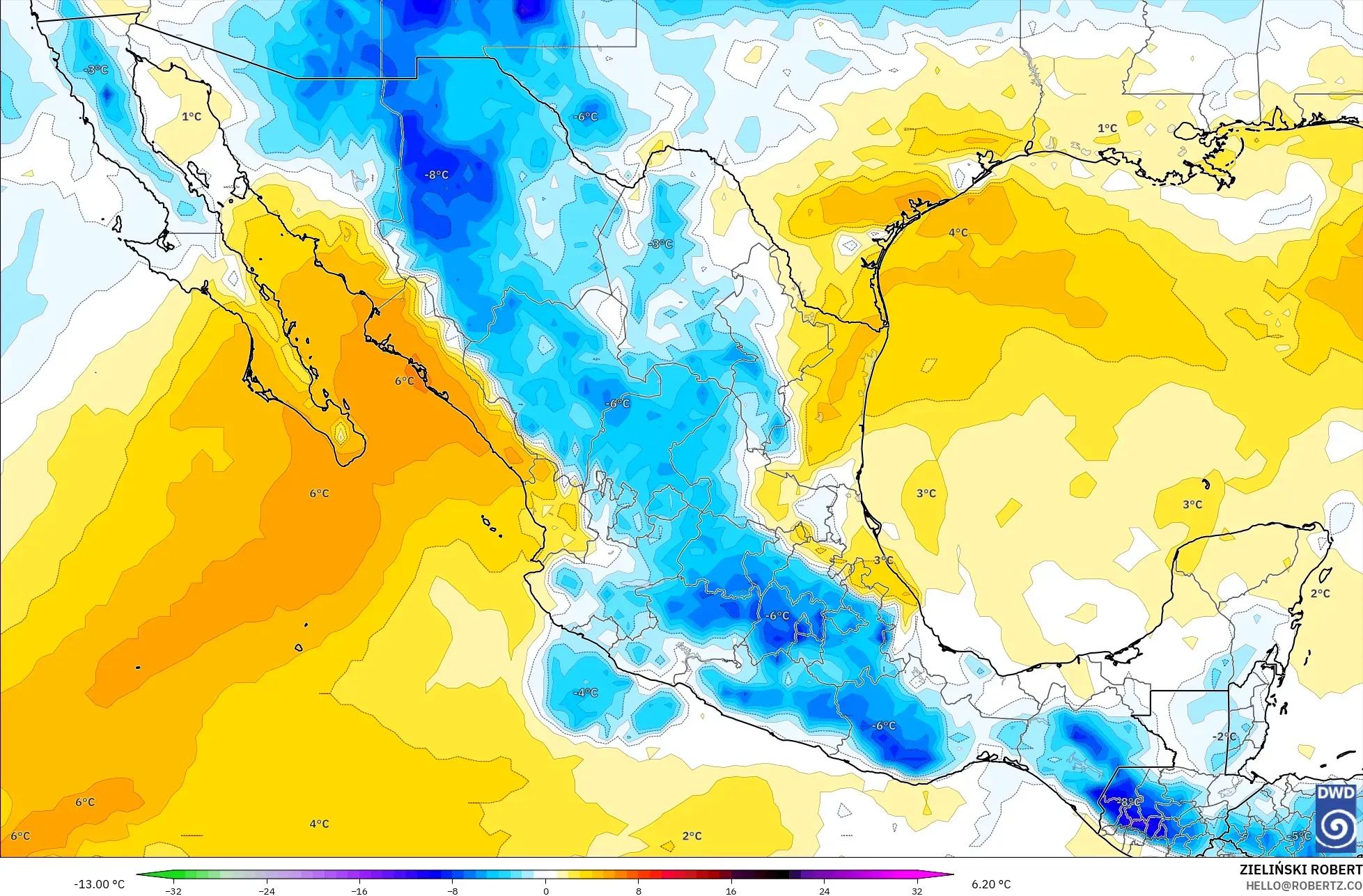ICON model - Meksika, 850 hPa Sıcaklık Anomalisi