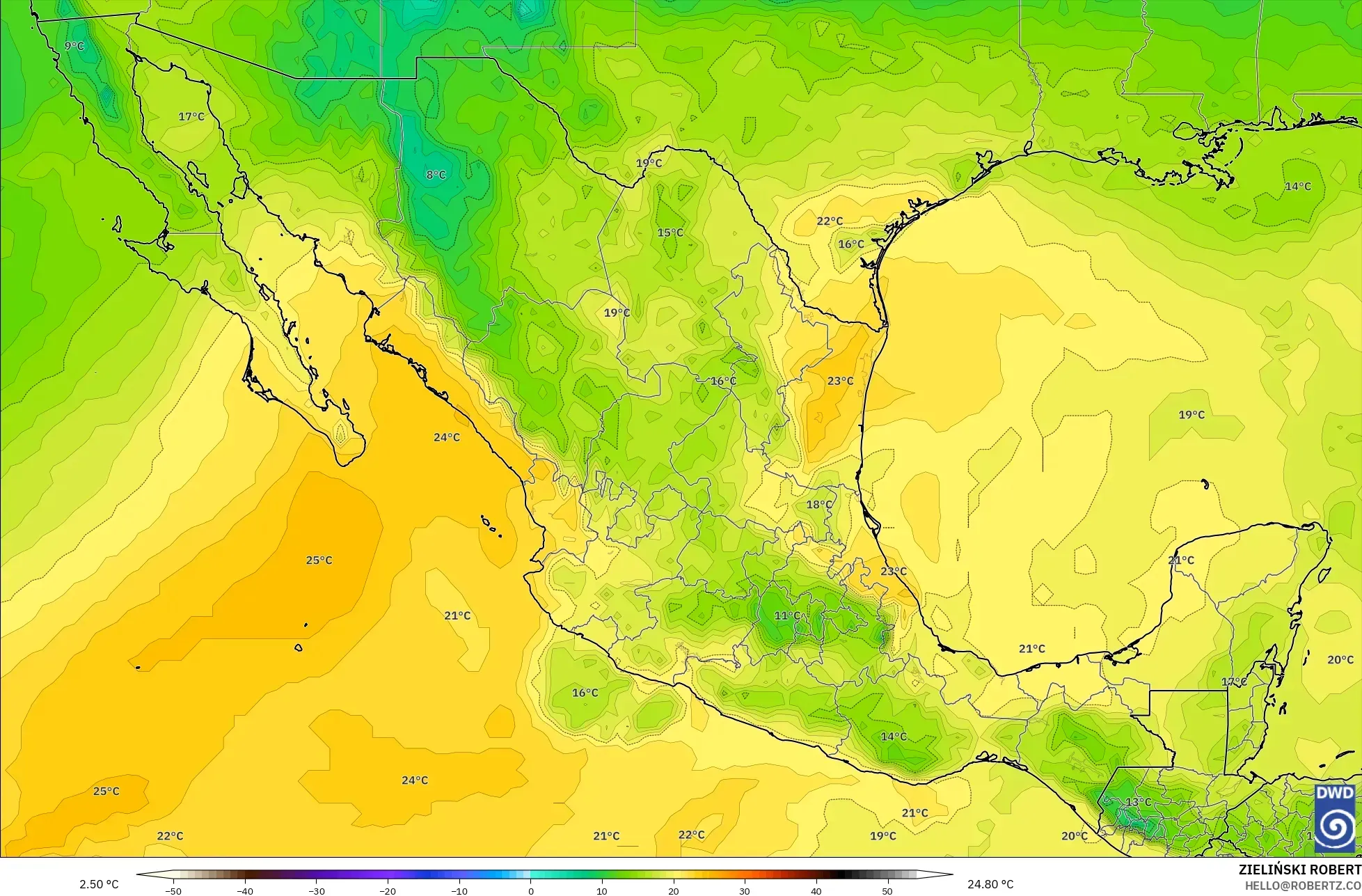 ICON model - Meksika, 850 hPa Sıcaklık