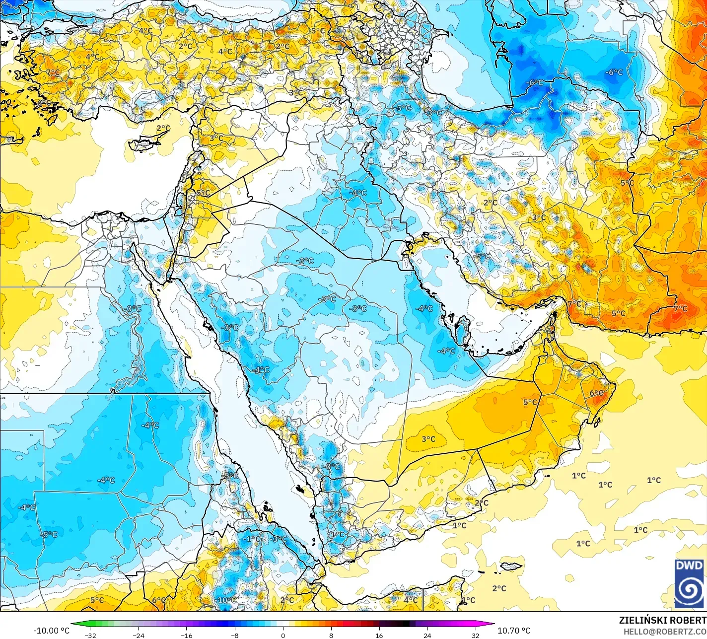 ICON model - Orta Doğu, 2 m Sıcaklık Anomalisi