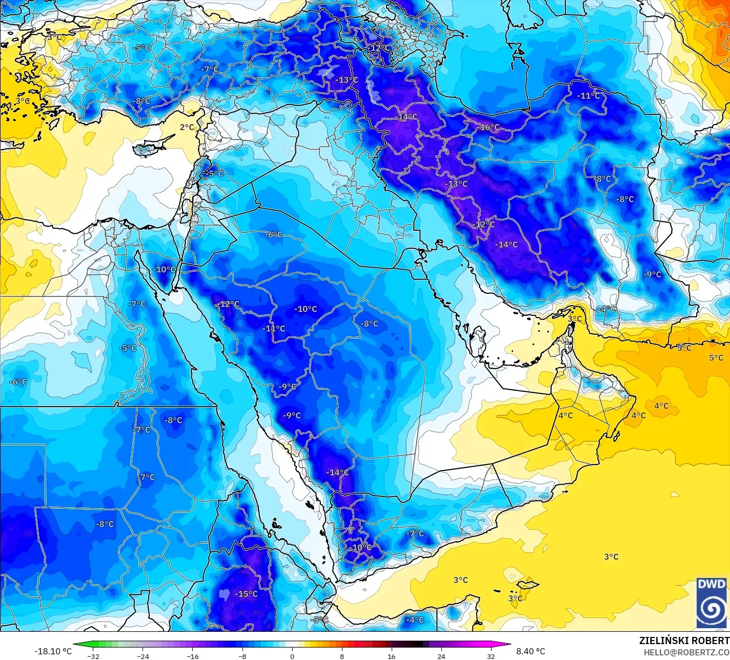 ICON model - Orta Doğu, 850 hPa Sıcaklık Anomalisi