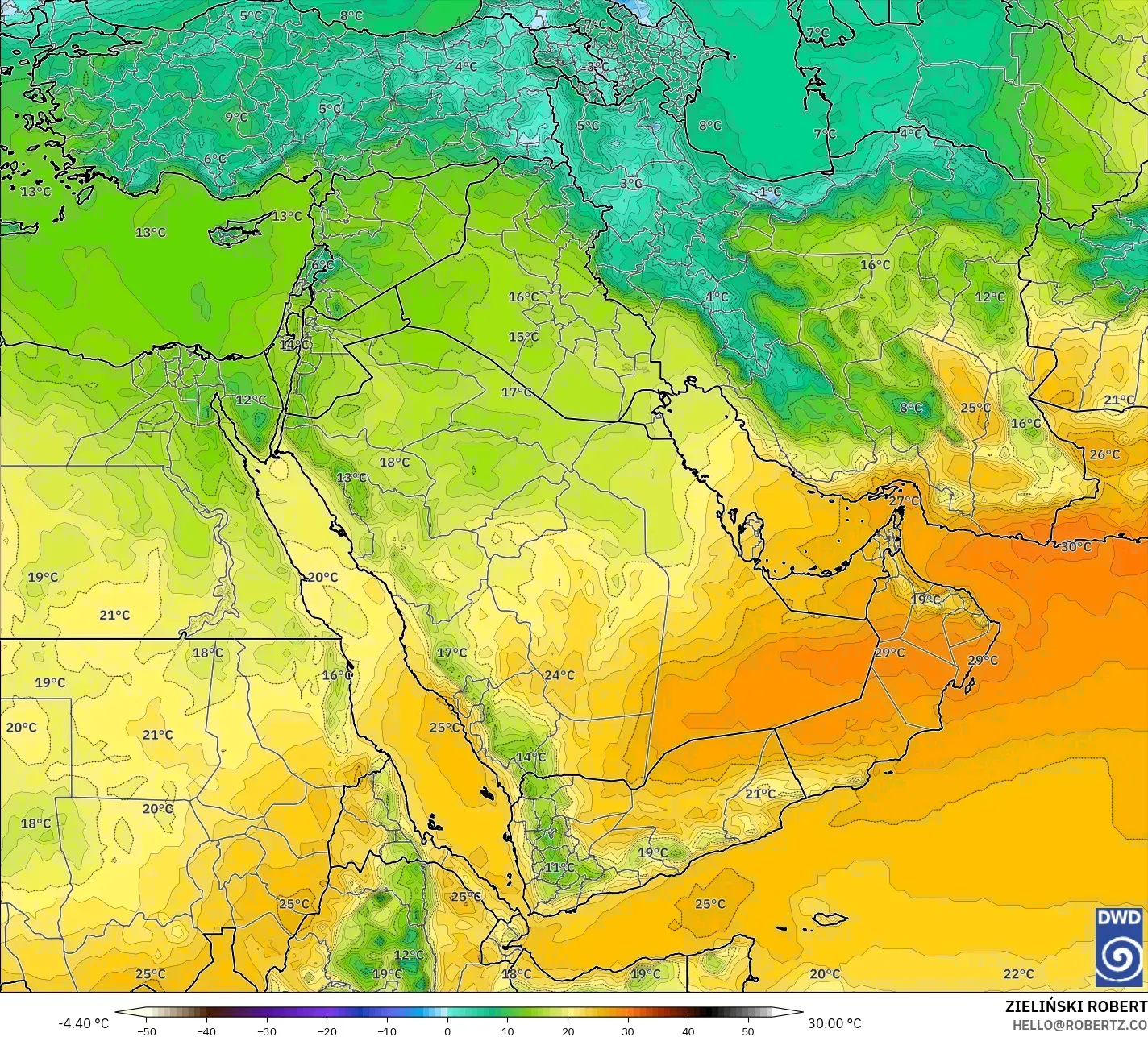 ICON model - Orta Doğu, 850 hPa Sıcaklık