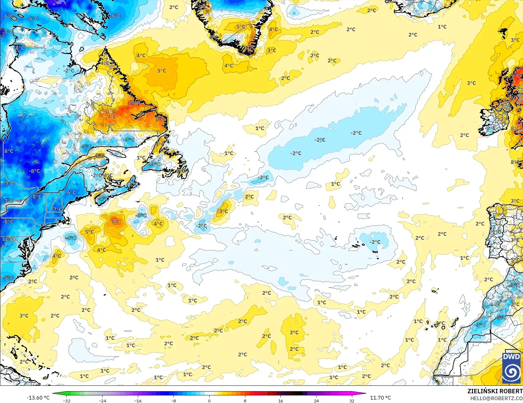 ICON model - Kuzey Atlantik, 2 m Sıcaklık Anomalisi