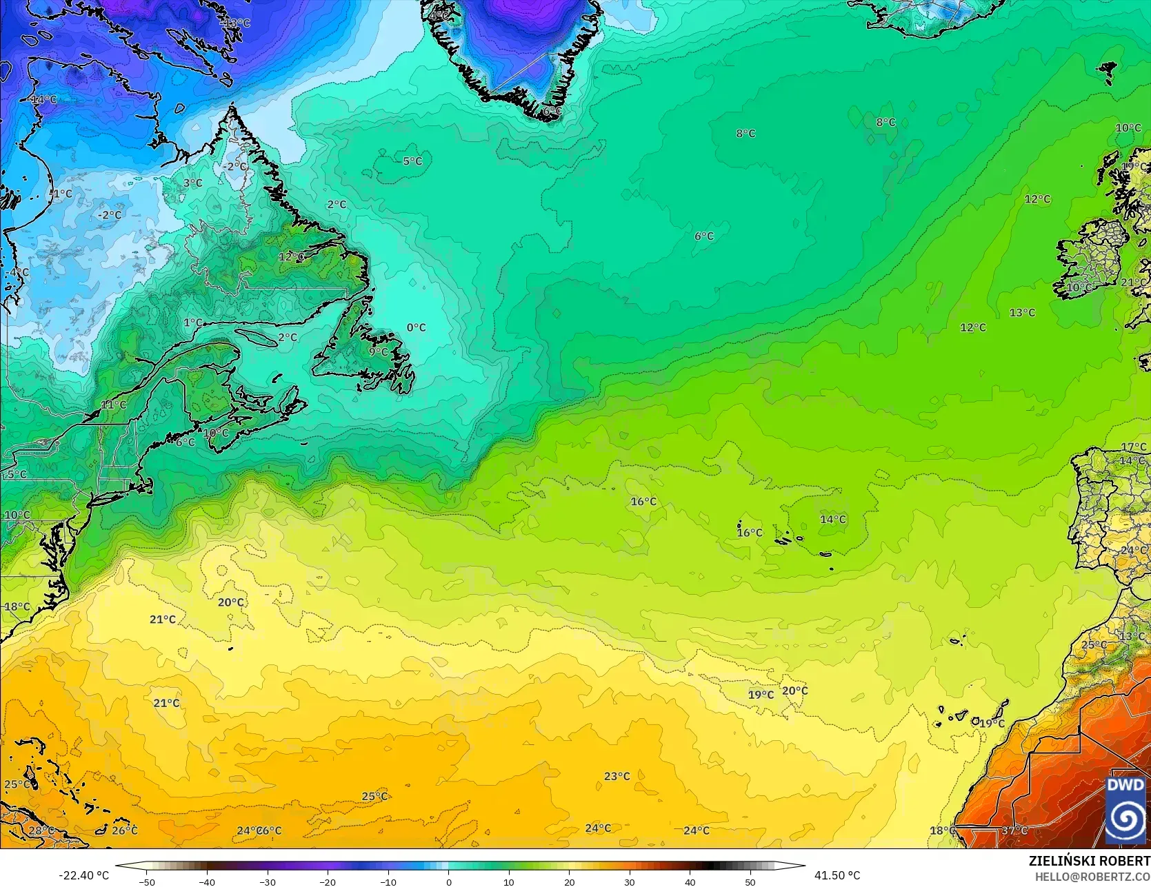 ICON model - Kuzey Atlantik, 2 m Sıcaklık