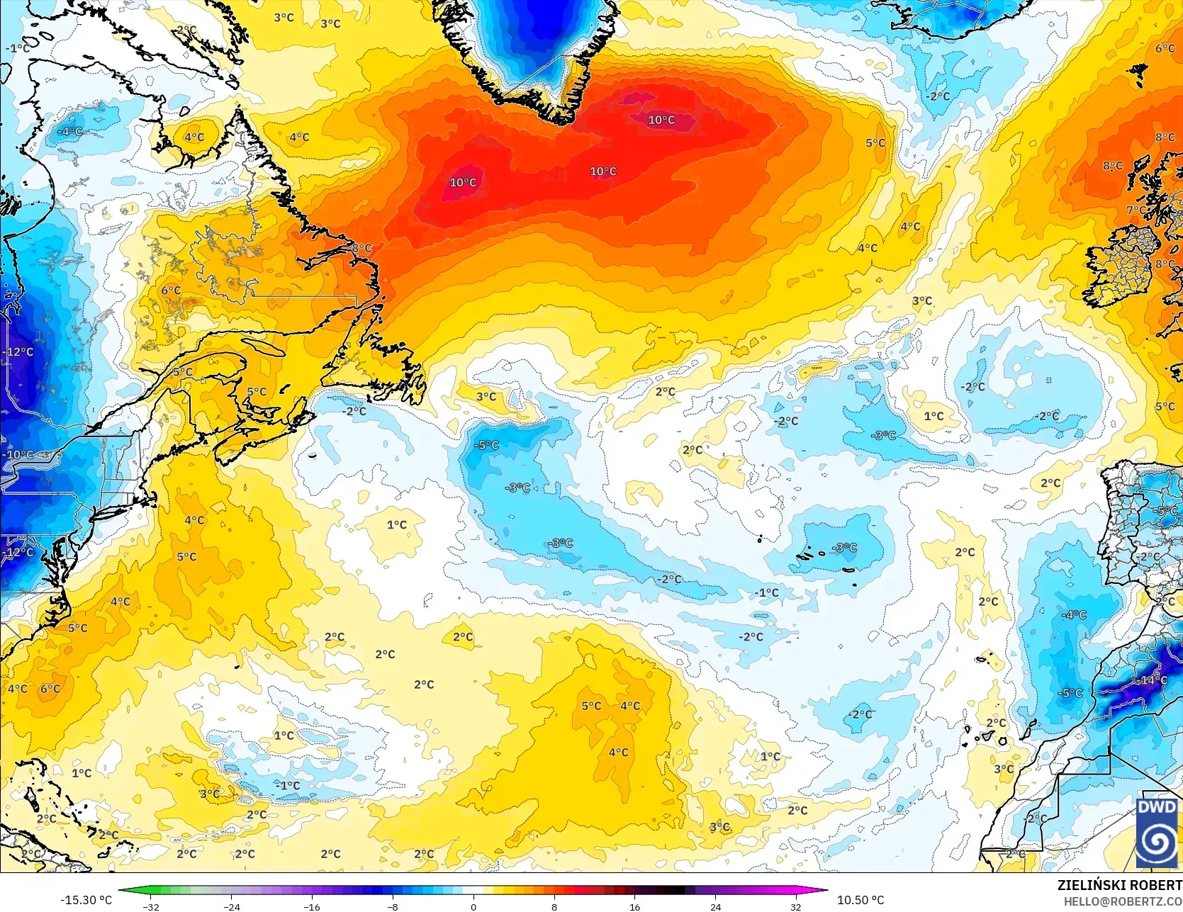 ICON model - Kuzey Atlantik, 850 hPa Sıcaklık Anomalisi