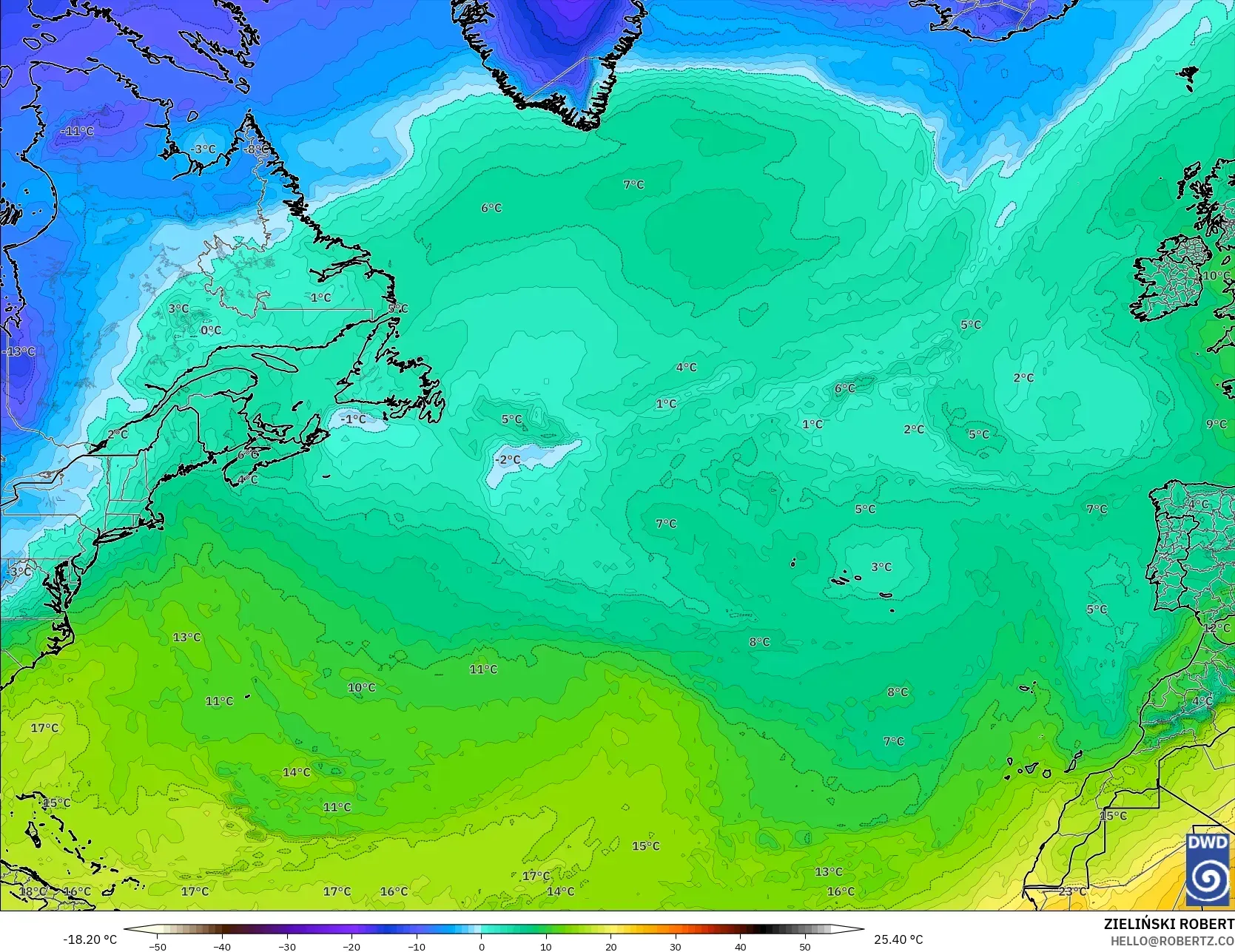 ICON model - Kuzey Atlantik, 850 hPa Sıcaklık