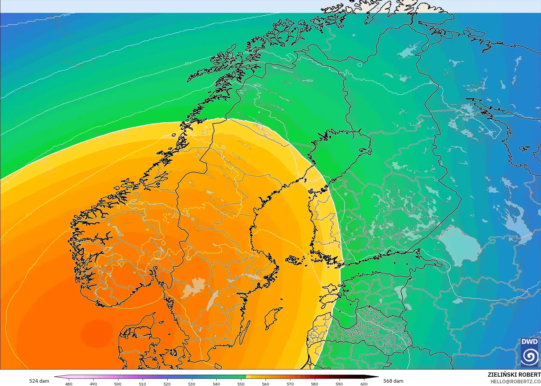 ICON model - İskandinavya, 500 hPa’da jeopotansiyel yükseklik