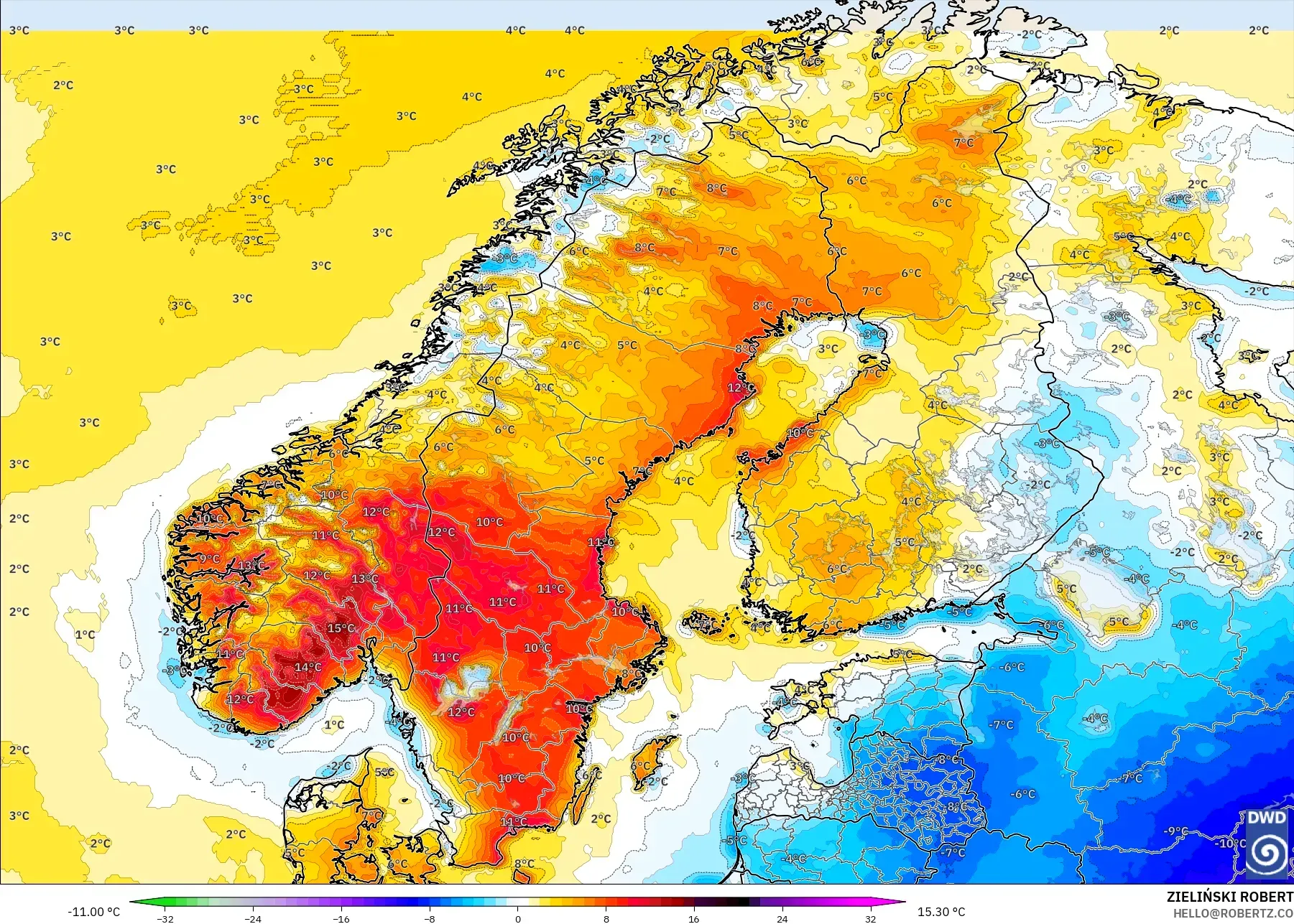 ICON model - İskandinavya, 2 m Sıcaklık Anomalisi