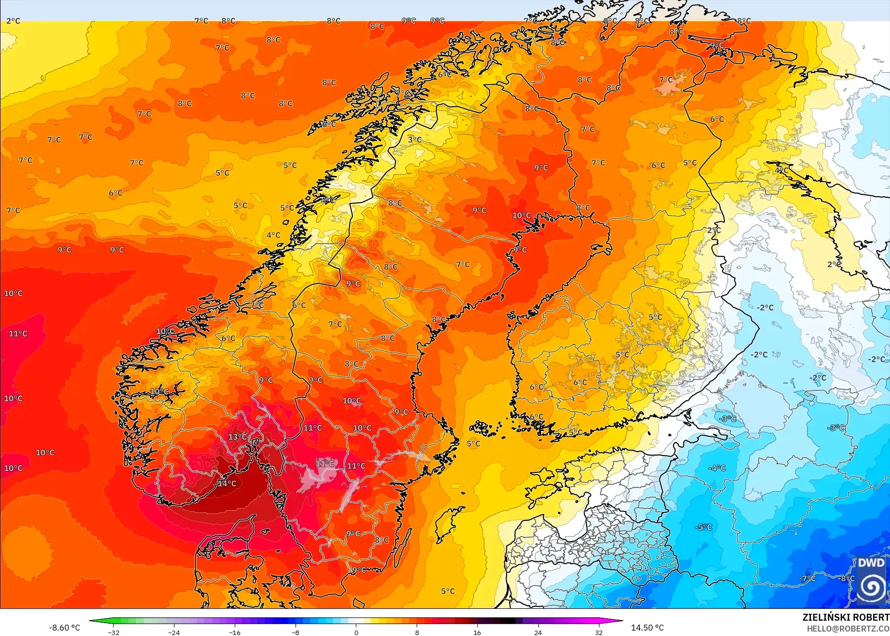 ICON model - İskandinavya, 850 hPa Sıcaklık Anomalisi