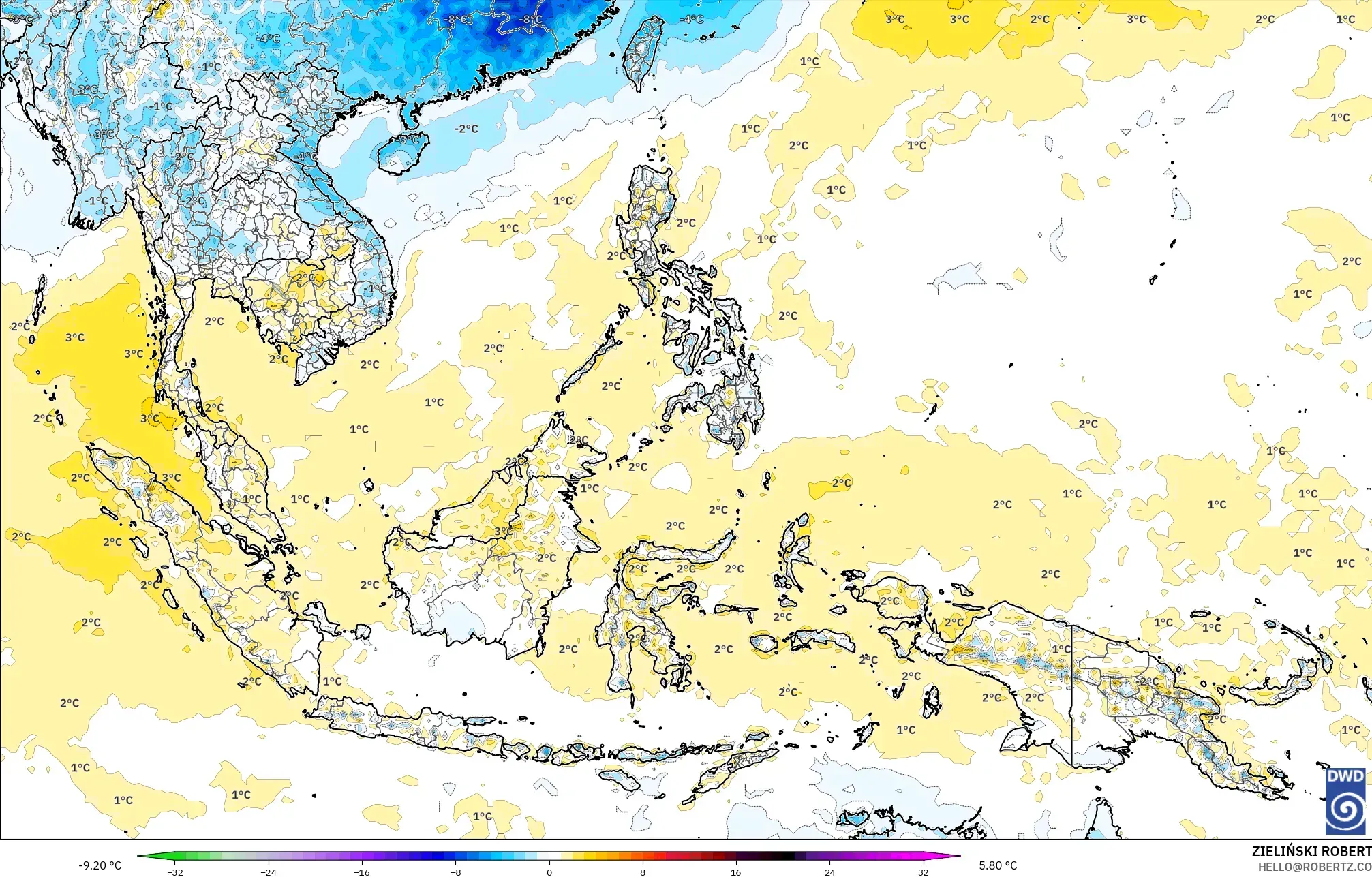 ICON model - Güneydoğu Asya, 2 m Sıcaklık Anomalisi