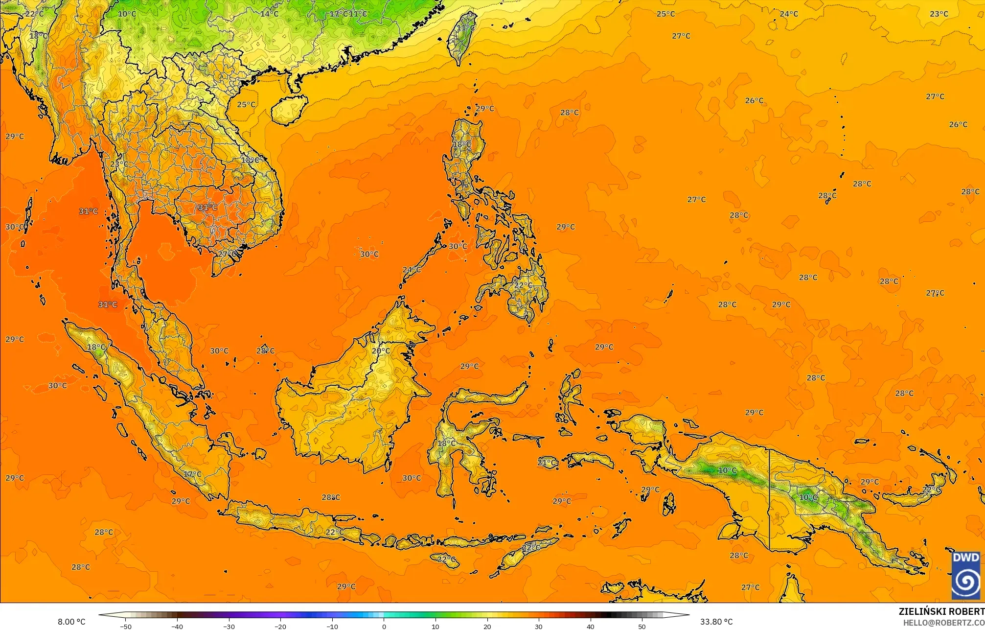 ICON model - Güneydoğu Asya, 2 m Sıcaklık